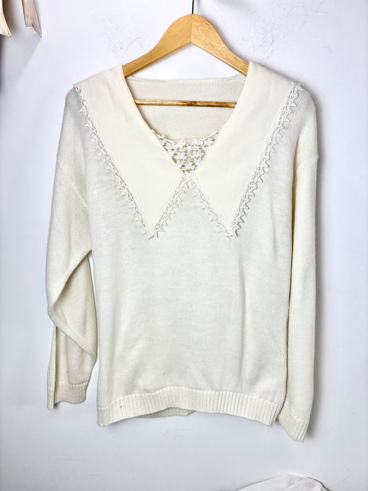 VINTAGE 80s Ivory Off White FLORAL LACE Collar Embroidery Oversized Ribbed Knit Cottagecore