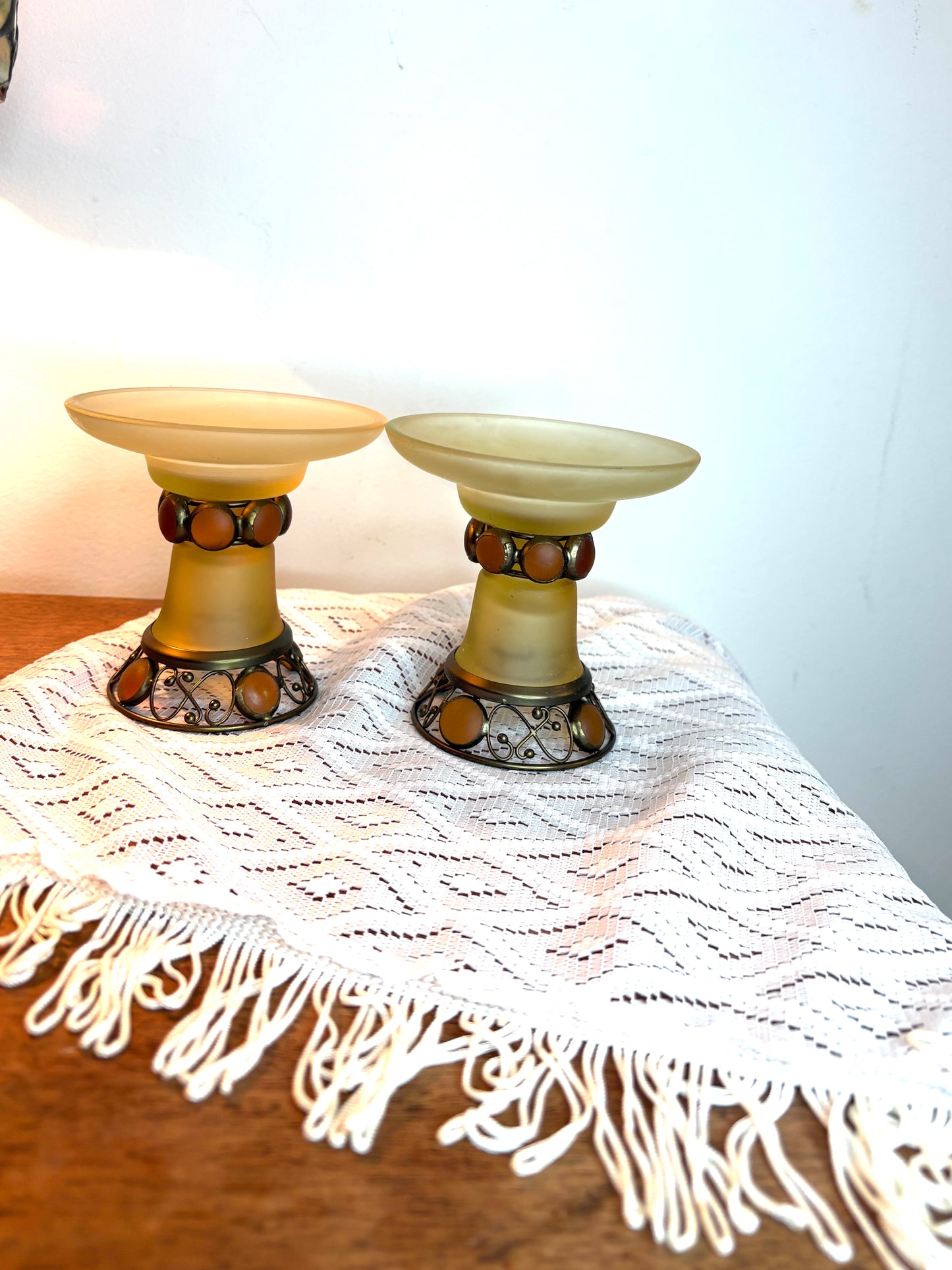 Partylite Paris Retro Set Of 2 Taper Candle Holder Tealight Ball Holder Amber