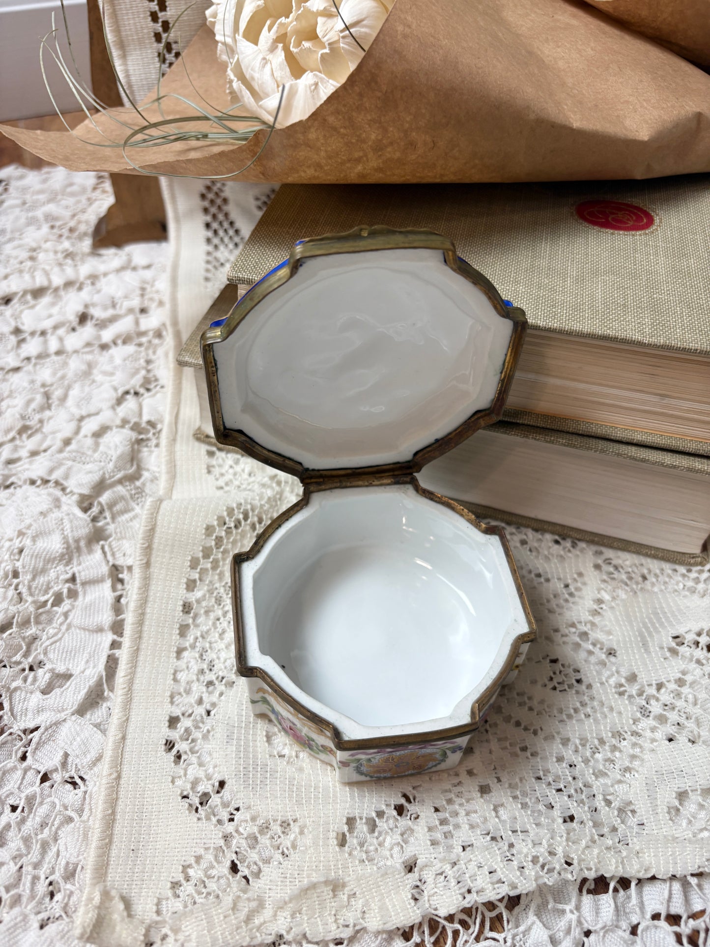 Vintage Italian Porcelain Octagonal Trinket Box — Hand-Painted Floral & Gold Trim