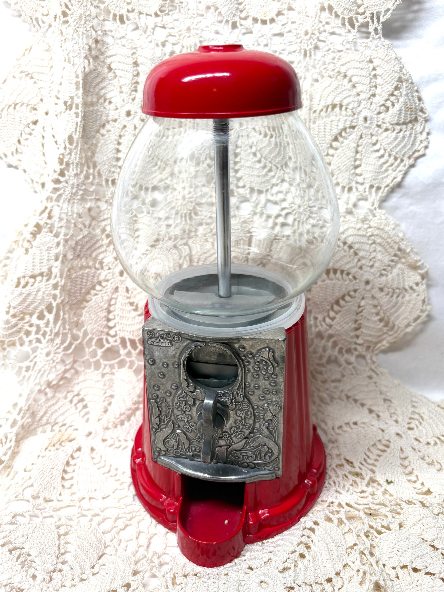 Vintage Collectable Gumball Machine 1985 Carousel 9" Red Metal & Glass