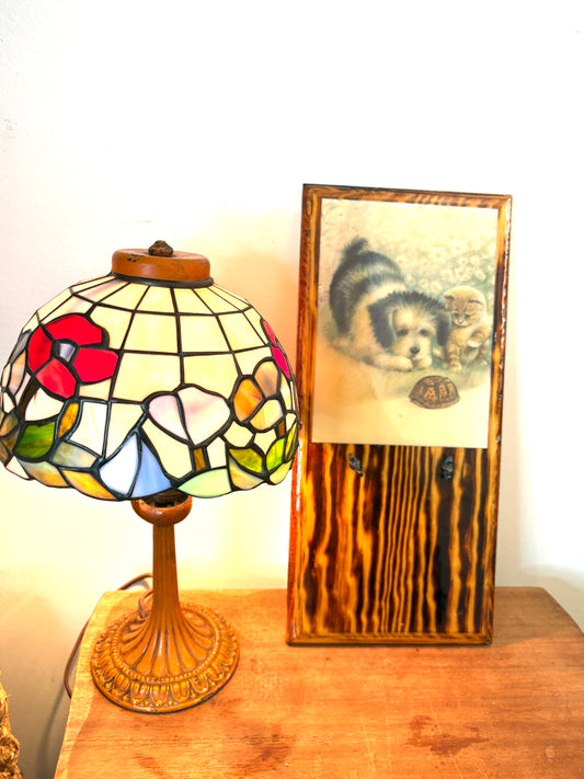 Antique Animal Portrait Painting Dog & Cat Scene Wood Framed 15”x7.5”