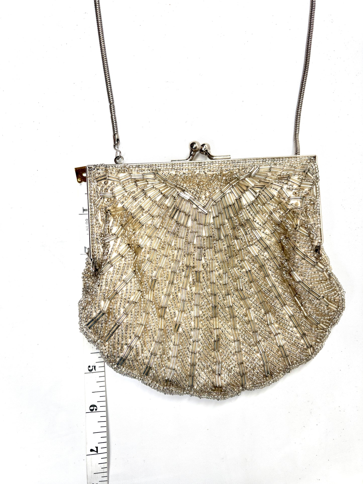Silver Beaded Shell Evening Purse Bag Crossbody Clutch