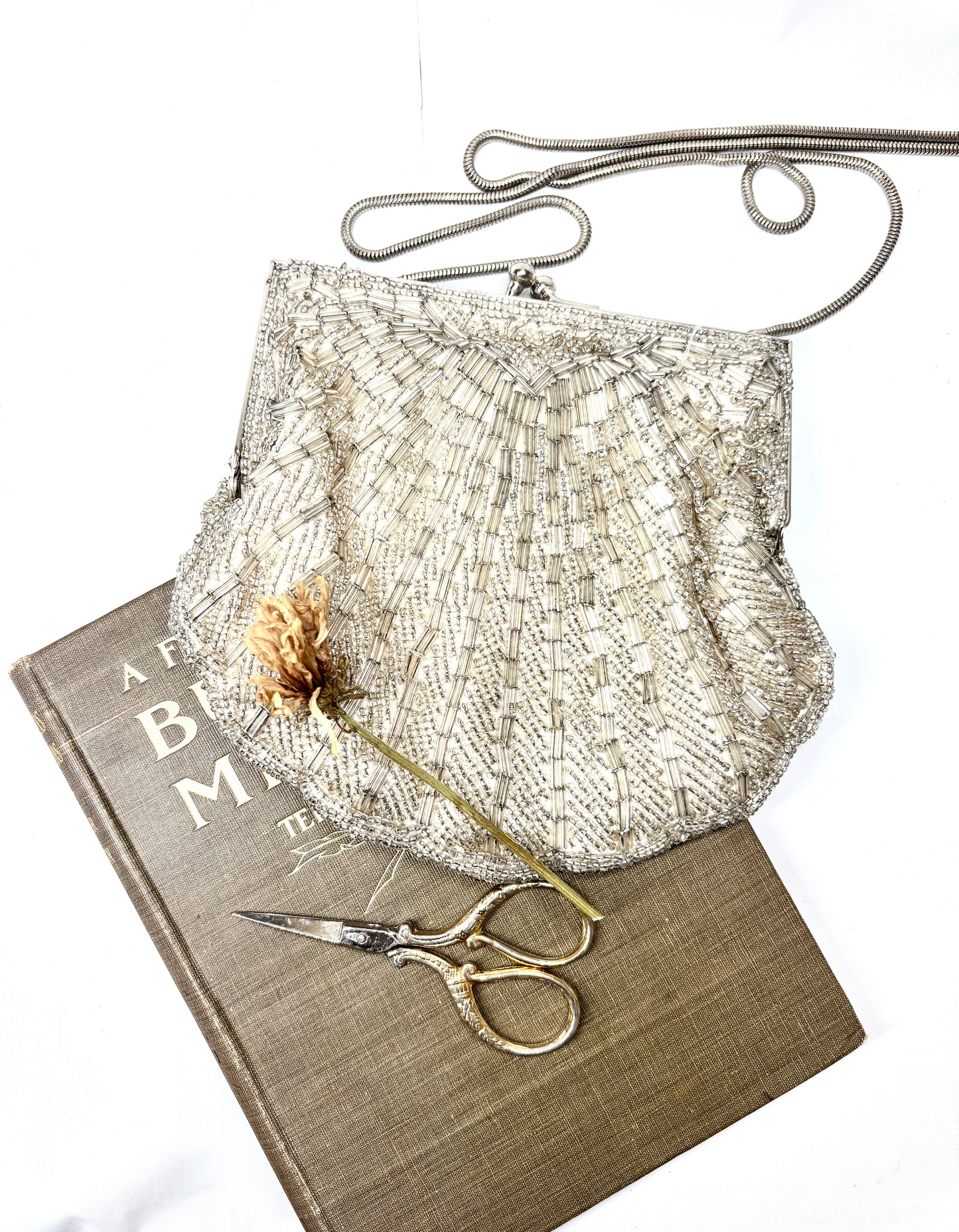Silver Beaded Shell Evening Purse Bag Crossbody Clutch