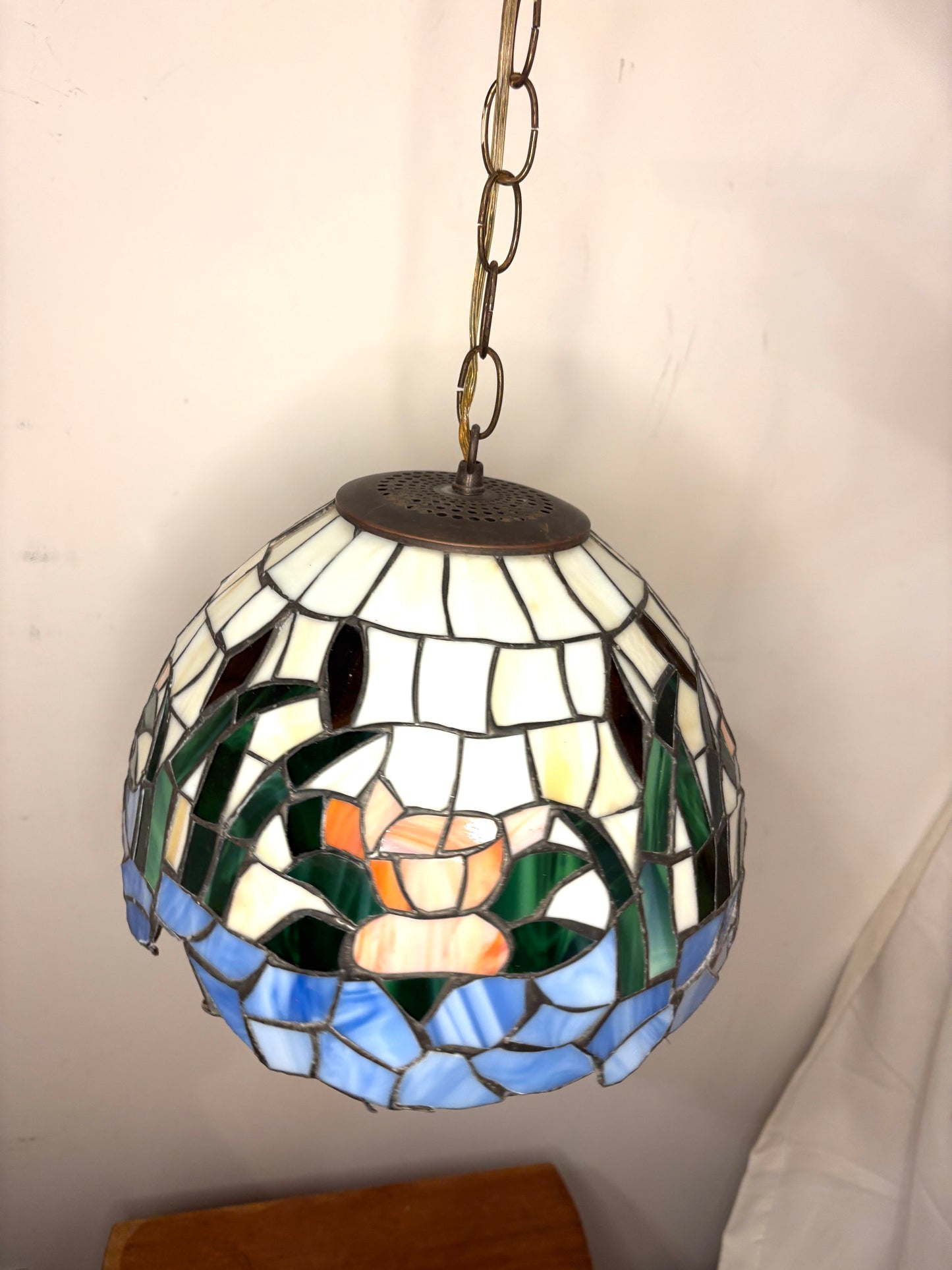 Vintage Tiffany Style Slag Stained Glass Swag Hanging Light Lamp Plug In 12”