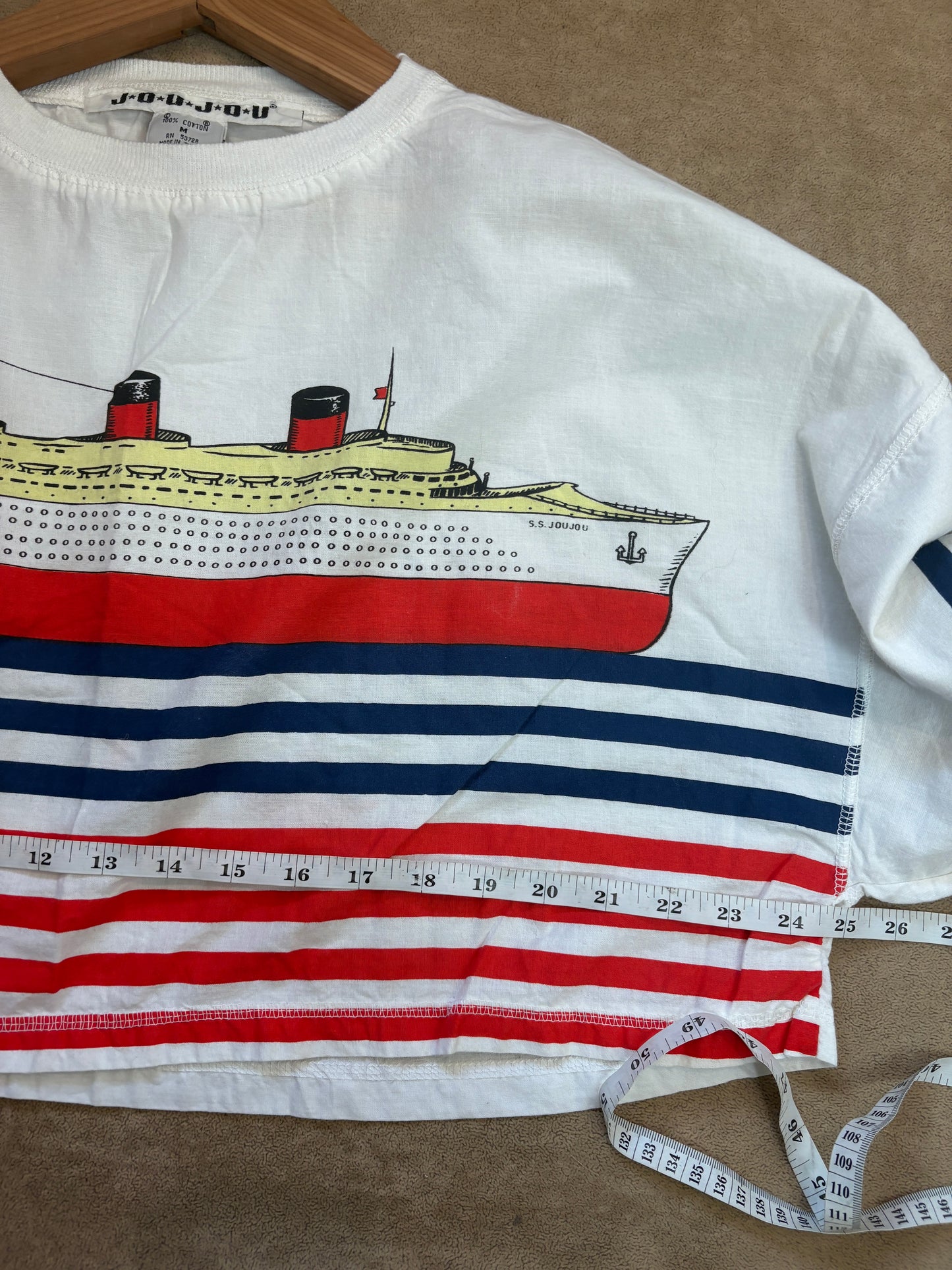 VINTAGE 90s Navy Print Striped Cotton T-Shirt Medium