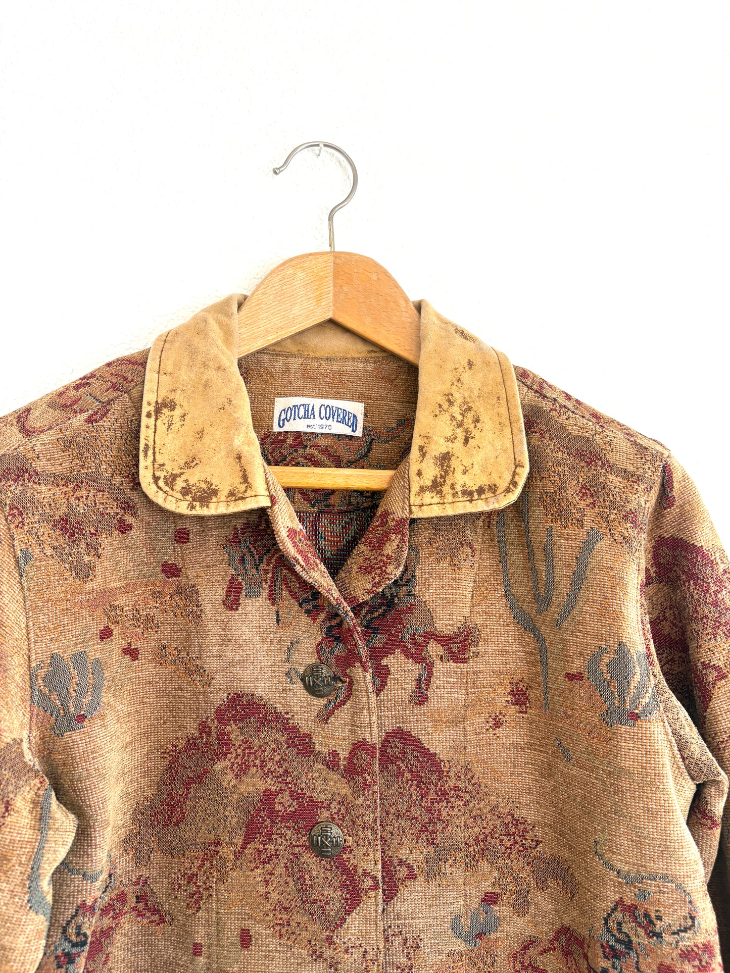 Vintage Gotcha Covered Jacket S/M Tapestry Brocade Button Front Boxy Barn Style