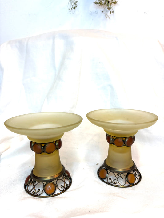 Partylite Paris Retro Set Of 2 Taper Candle Holder Tealight Ball Holder Amber