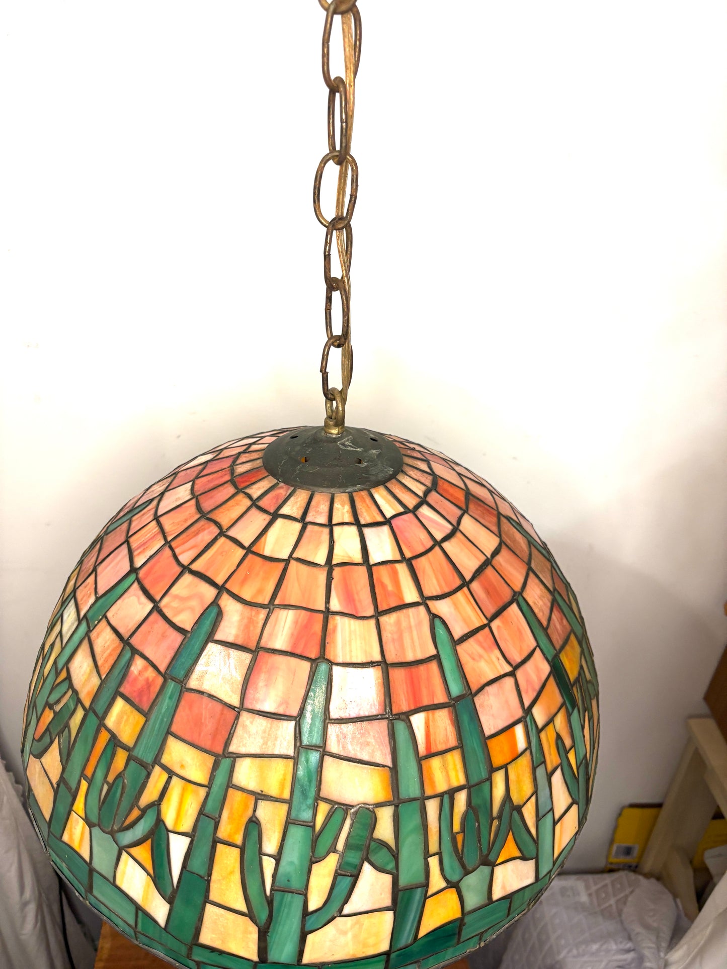 Large Tiffany Style Stained Glass cactus lamp shade 17.5”x3”