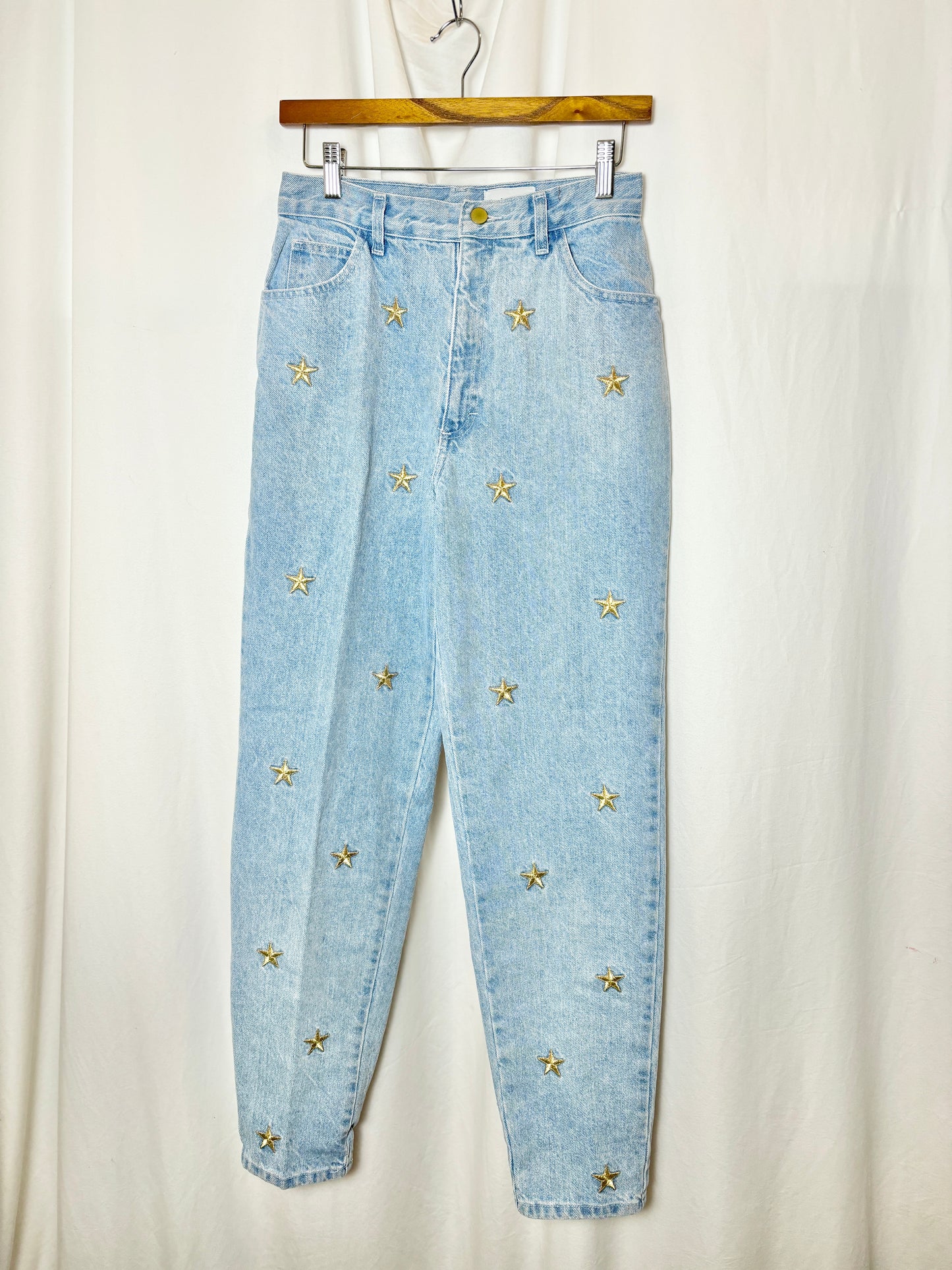 Light Wash Blue Jeans Gold Star Embroidery