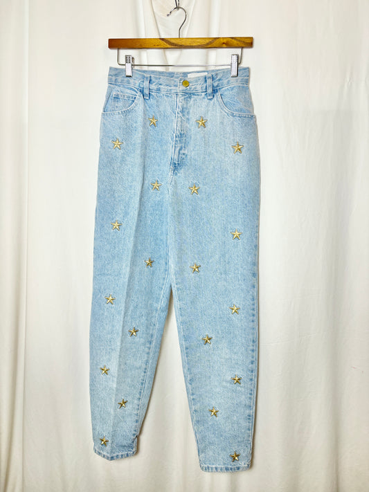 Light Wash Blue Jeans Gold Star Embroidery