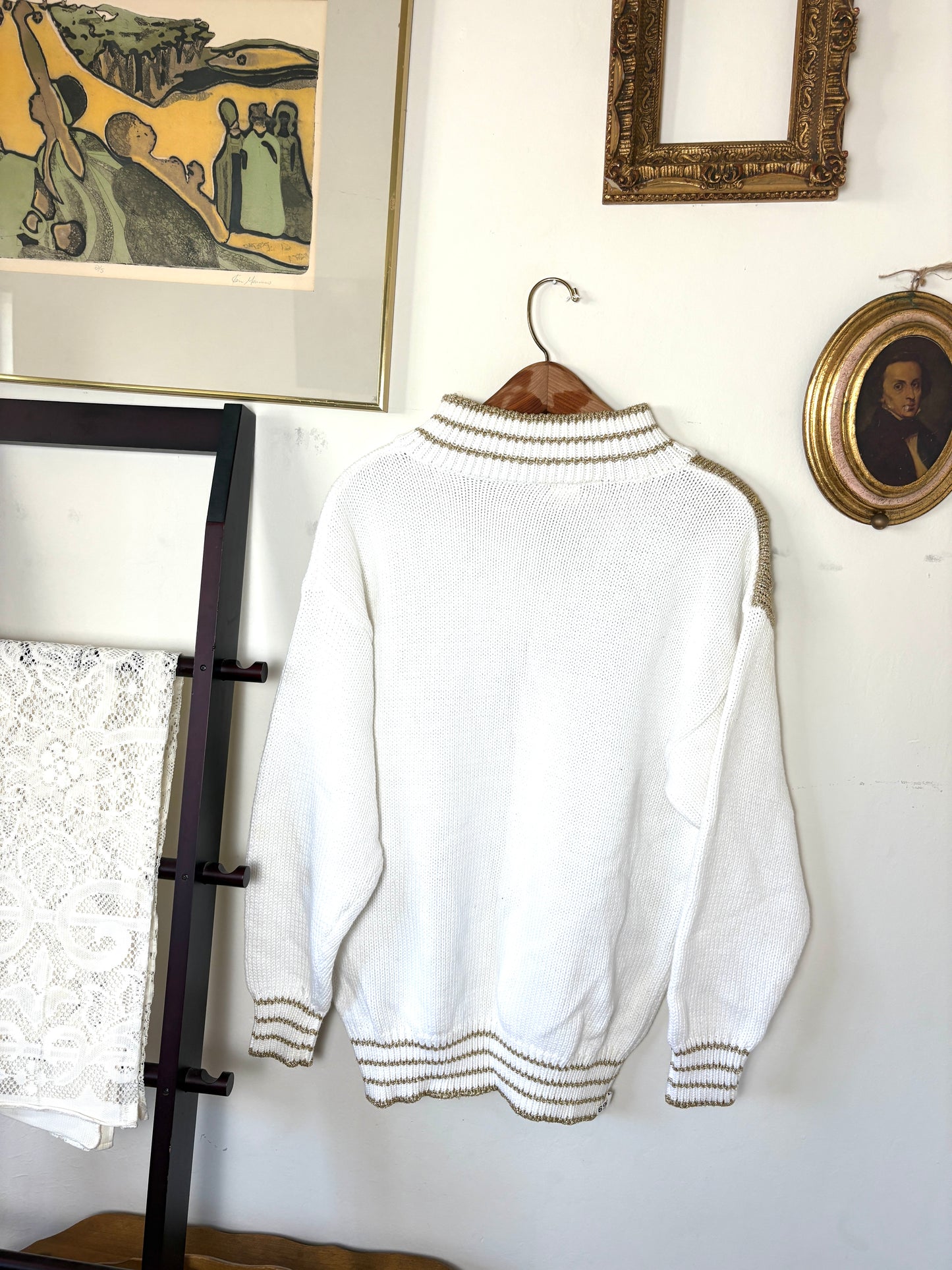 Vintage Escada White Glass Nautical star sweater embroidered women size L