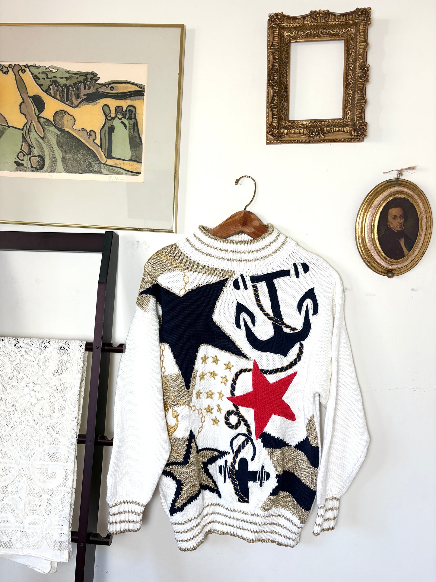 Vintage Escada White Glass Nautical star sweater embroidered women size L
