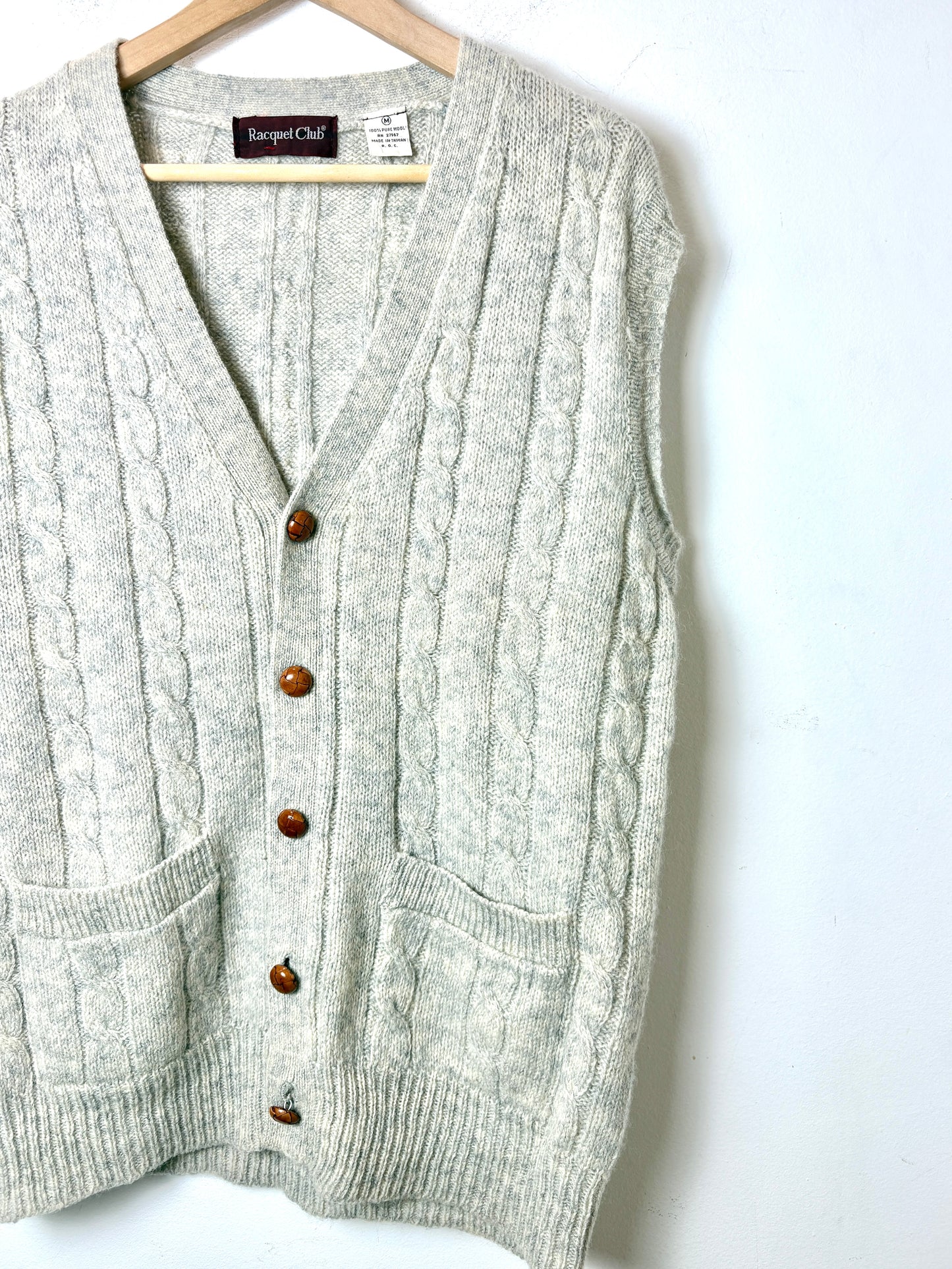Vintage 70s unisex Wool Sweater Vest S Cable Knit Grandpa Oatmeal Beige Pockets