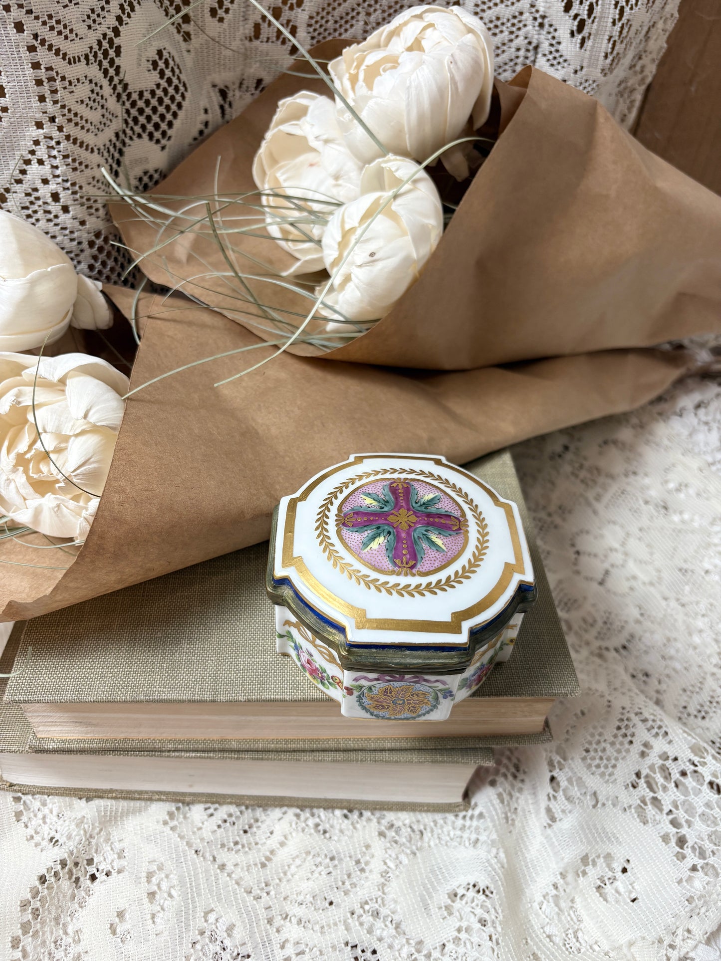 Vintage Italian Porcelain Octagonal Trinket Box — Hand-Painted Floral & Gold Trim