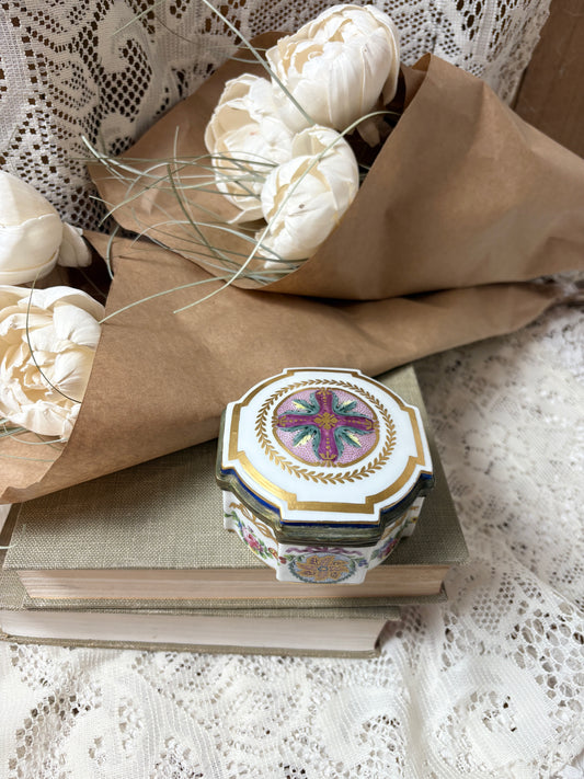 Vintage Italian Porcelain Octagonal Trinket Box — Hand-Painted Floral & Gold Trim