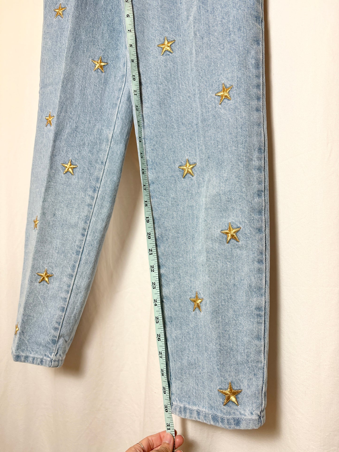 Light Wash Blue Jeans Gold Star Embroidery