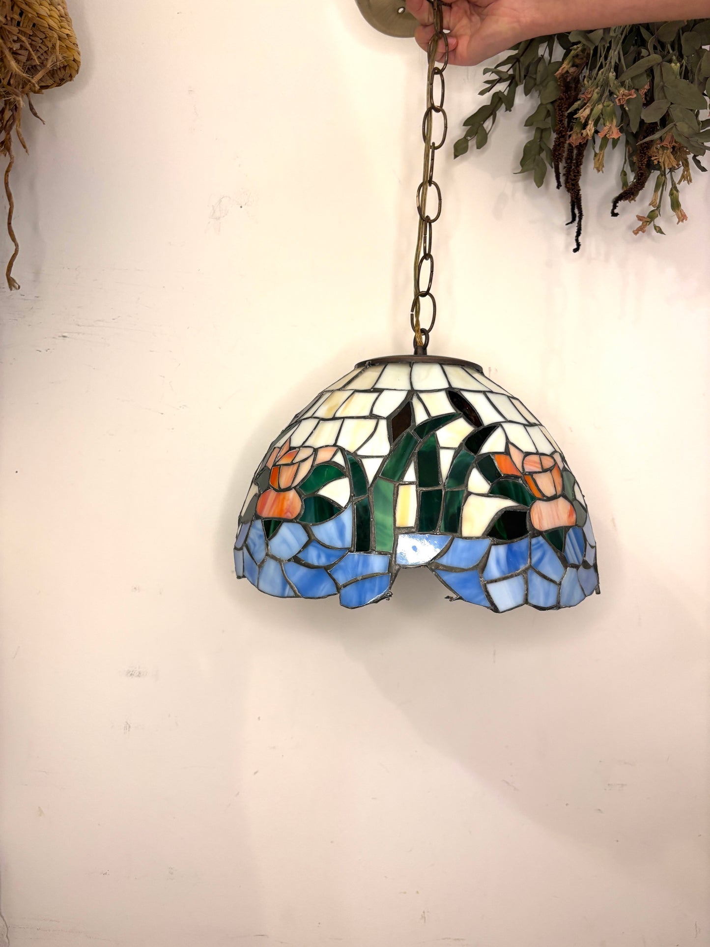 Vintage Tiffany Style Slag Stained Glass Swag Hanging Light Lamp Plug In 12”