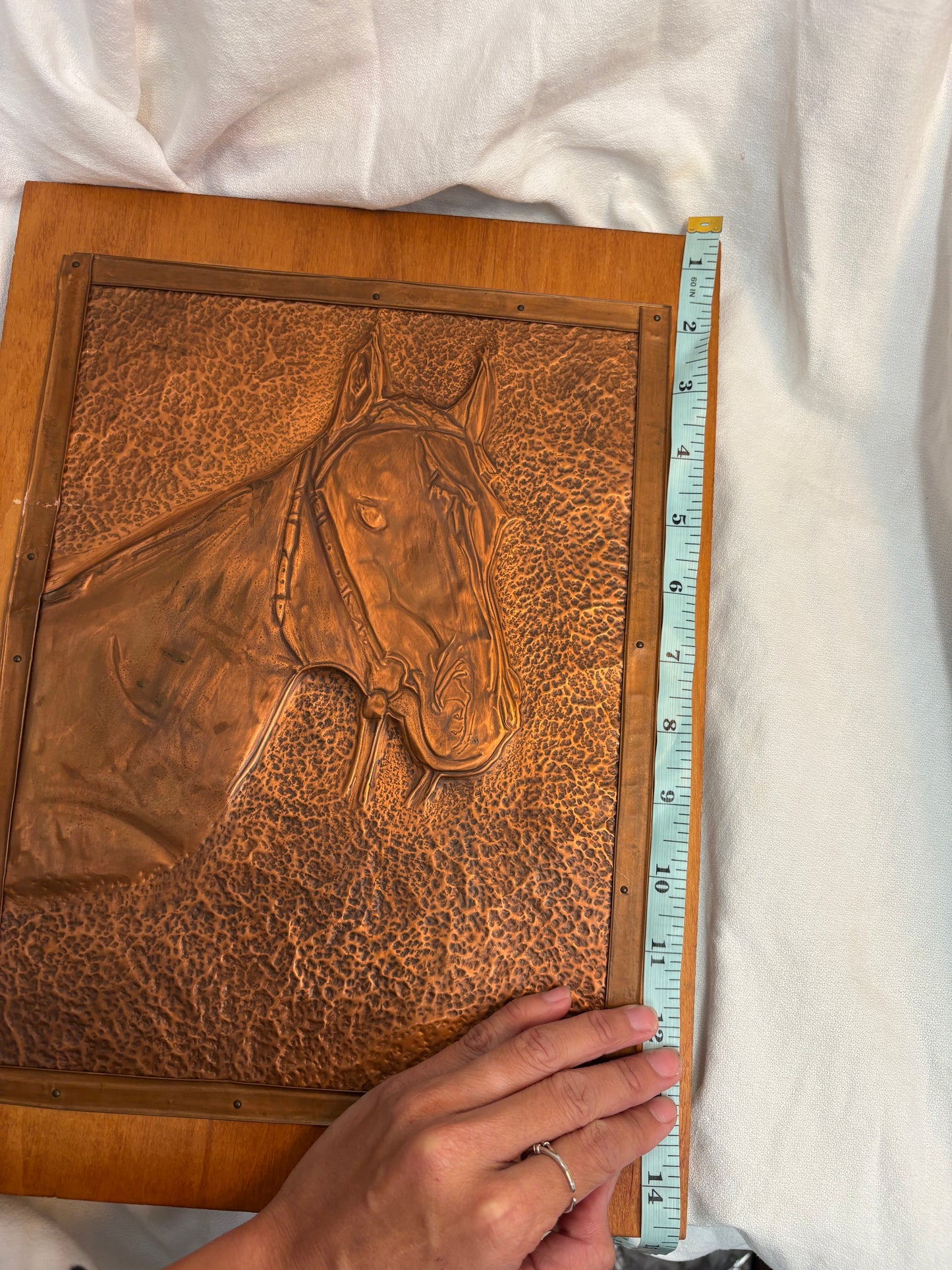 Horse Copper Embossed Art Work Folk Brass Color With Wood Frame