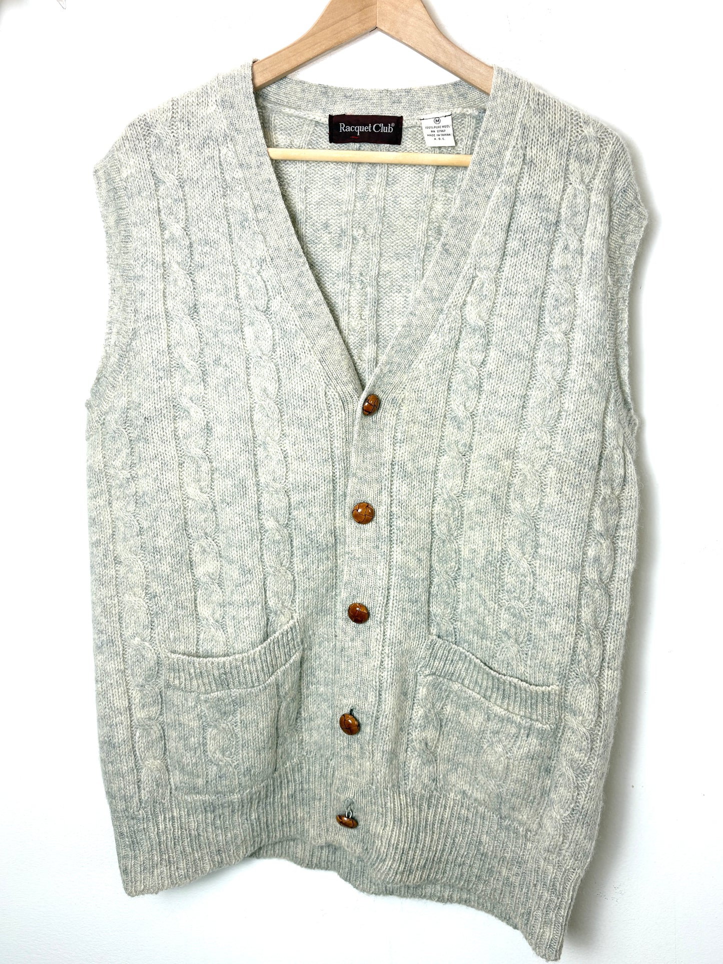 Vintage 70s unisex Wool Sweater Vest S Cable Knit Grandpa Oatmeal Beige Pockets