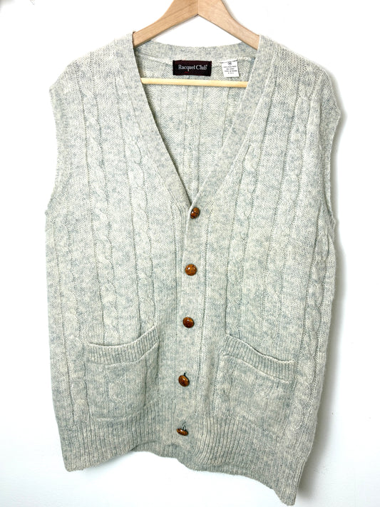Vintage 70s unisex Wool Sweater Vest S Cable Knit Grandpa Oatmeal Beige Pockets