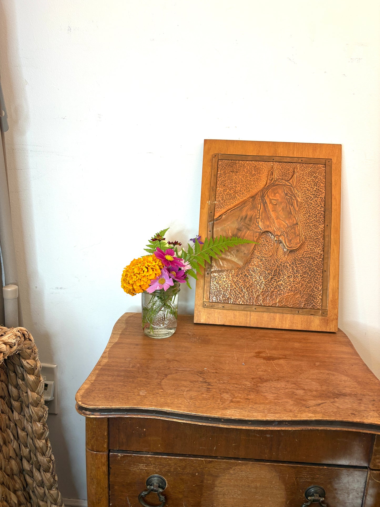 Horse Copper Embossed Art Work Folk Brass Color With Wood Frame