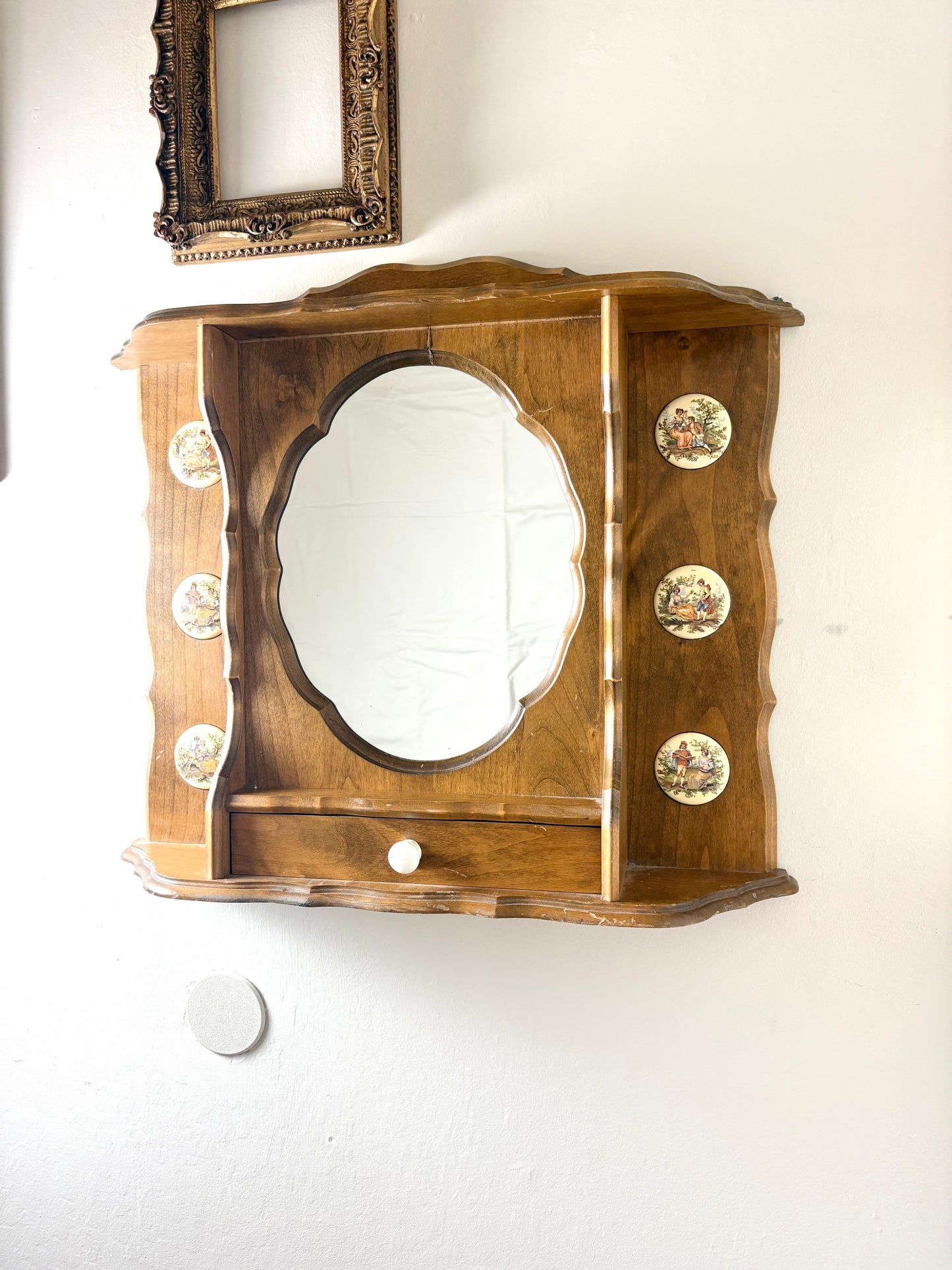 Rare Antique Wooden Apothecary Medicine Vanity Cabinet Oval Mirror