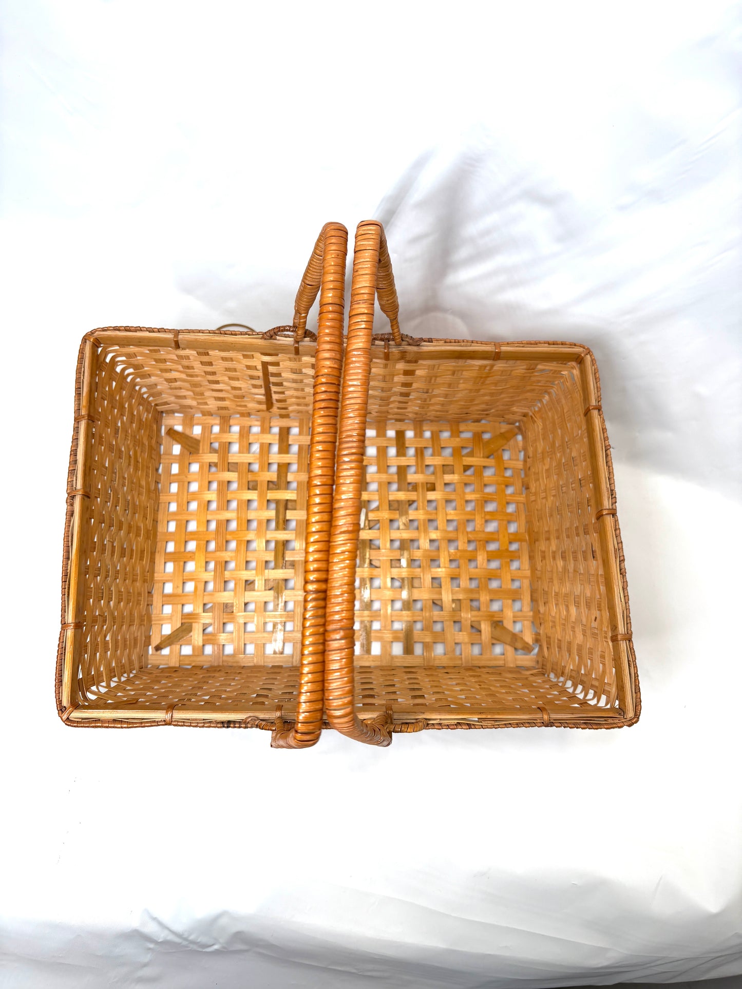 Vintage Bamboo Basket With Handles / Geometric Design