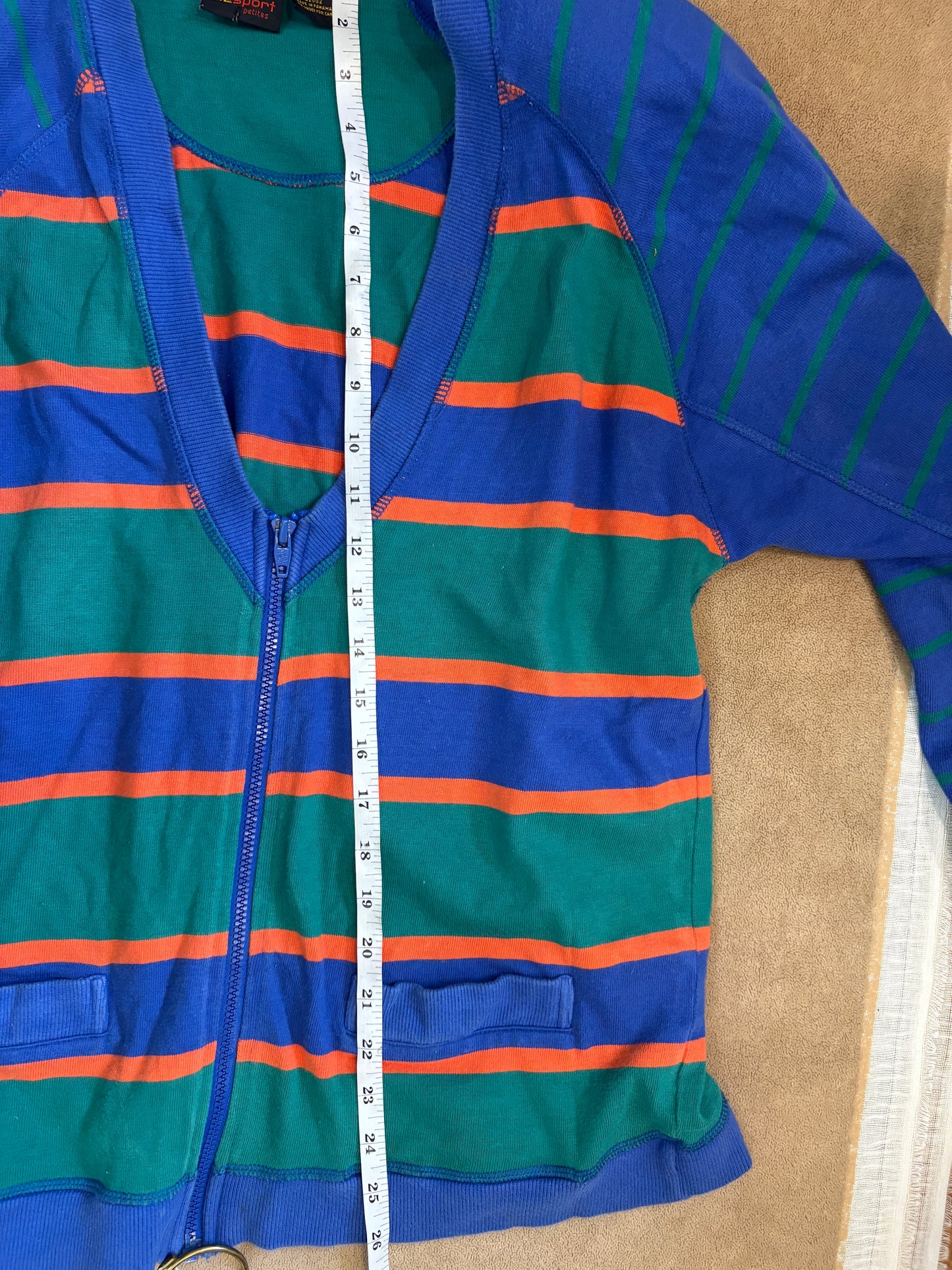 LizSport Medium Sweater Womens 100% Cotton Blue, Orange & Green Striped