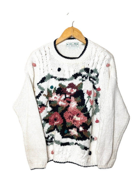 Vintage 90s Emerald Isle Sz L Cream Floral Chunky Hand Knit Sweater Cottage Core