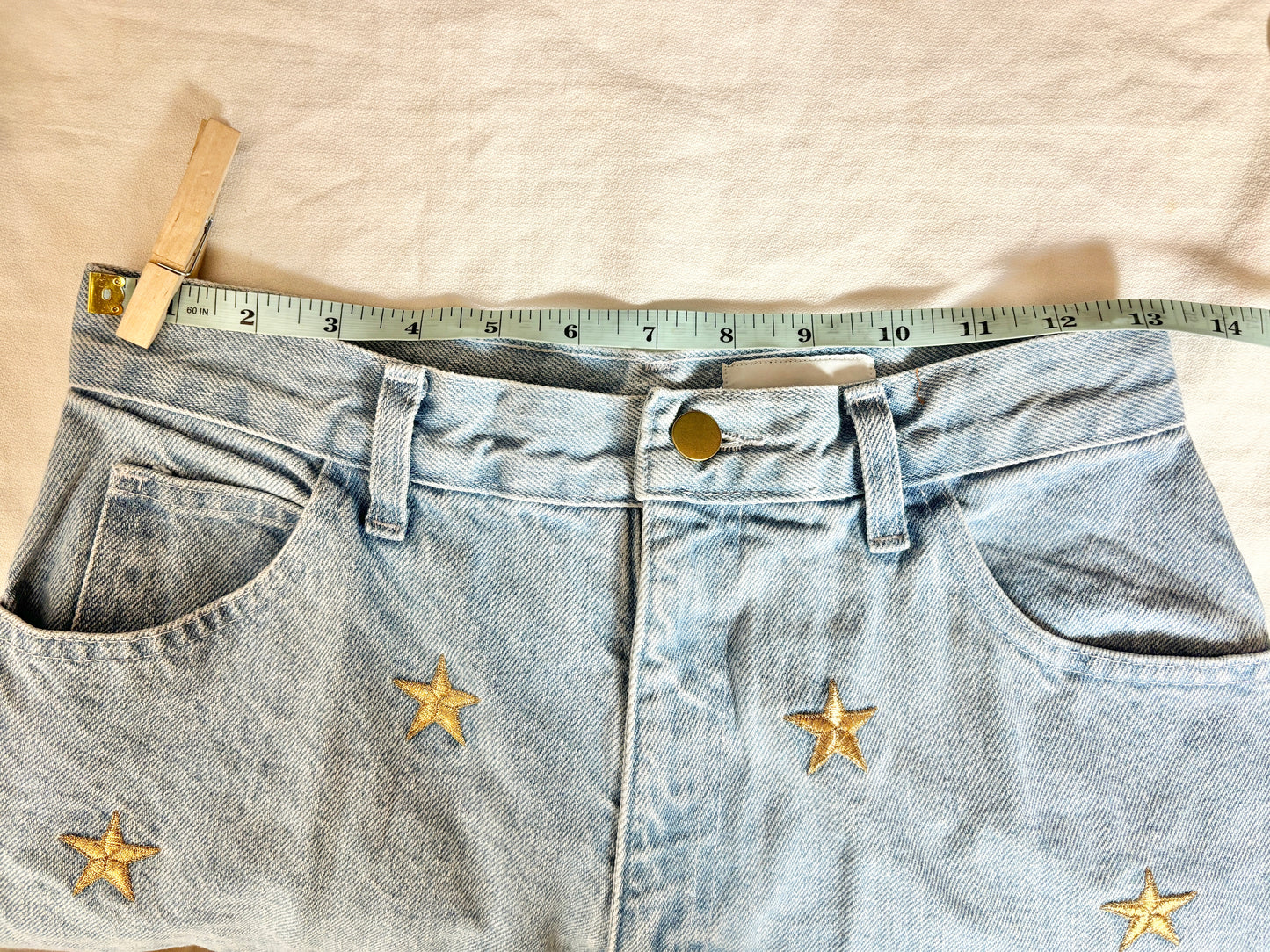 Light Wash Blue Jeans Gold Star Embroidery