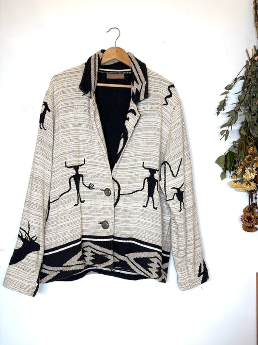 Southwestern Cardigan Sweater Native American Petroglyphs Kokopelli Sz S/M USA