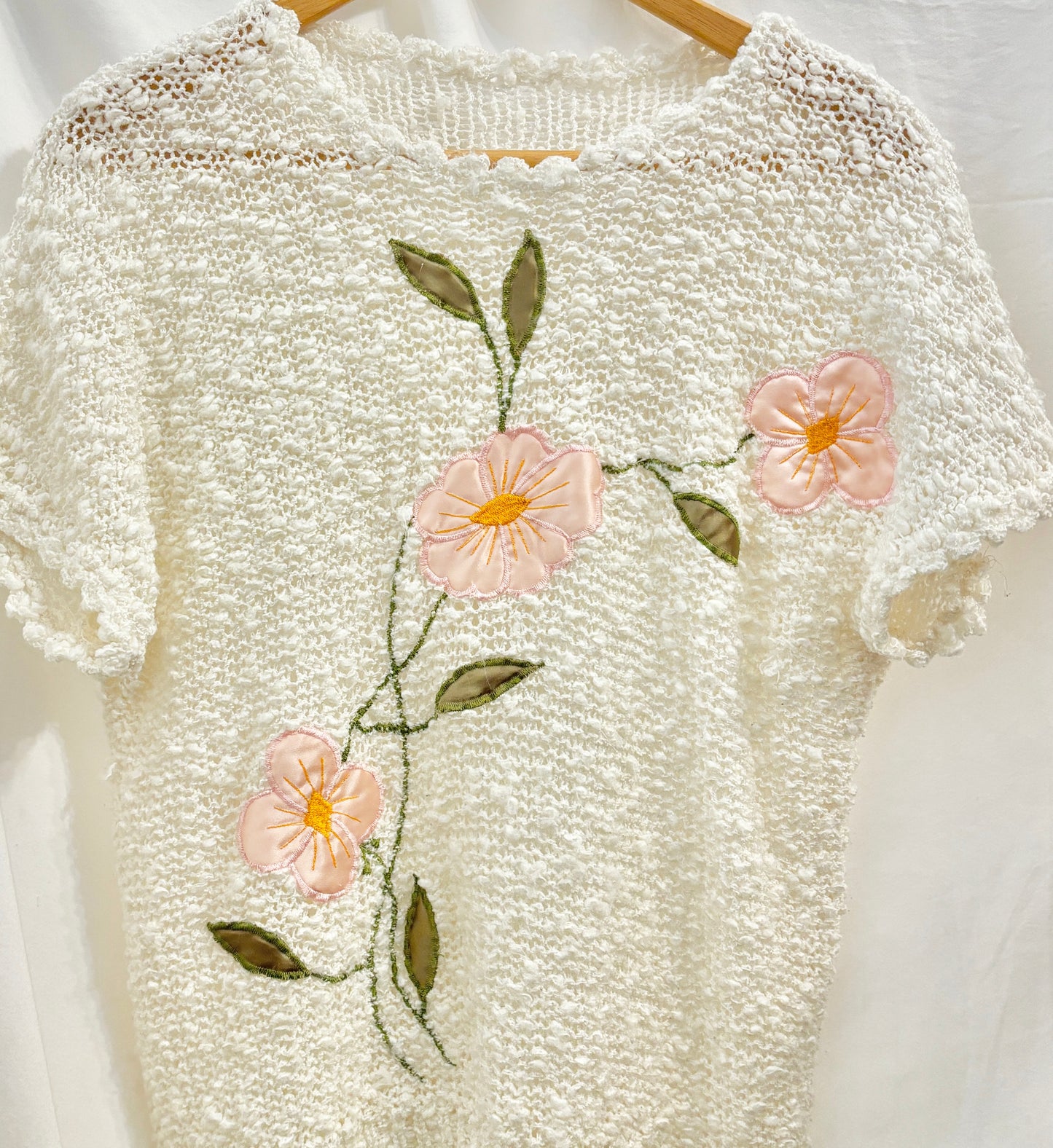 Floral Appliqué Open Knit Top
