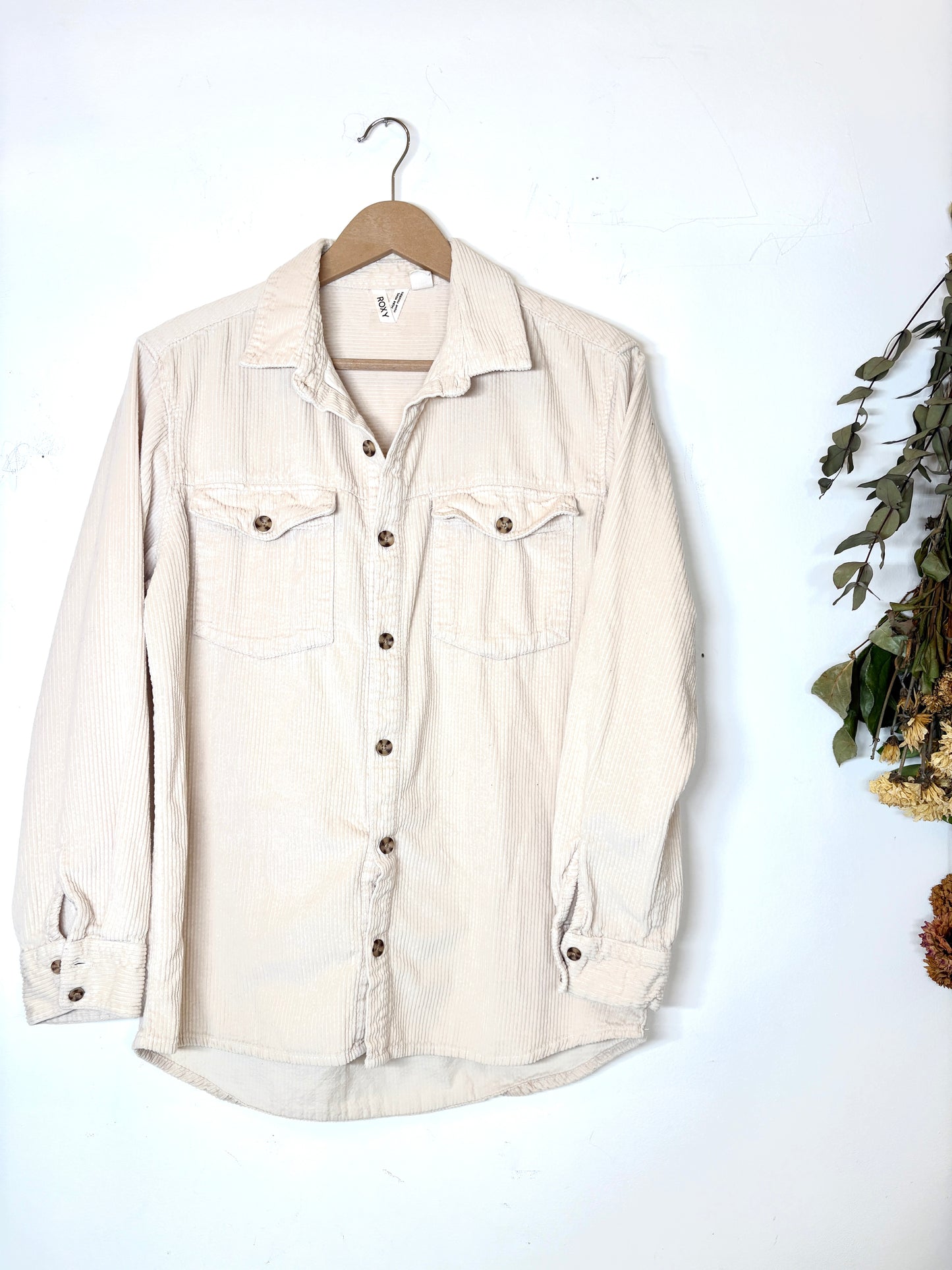 Roxy Women’s Cream Let It Go Corduroy Button Up Shirt Sz XS Long Sleeve