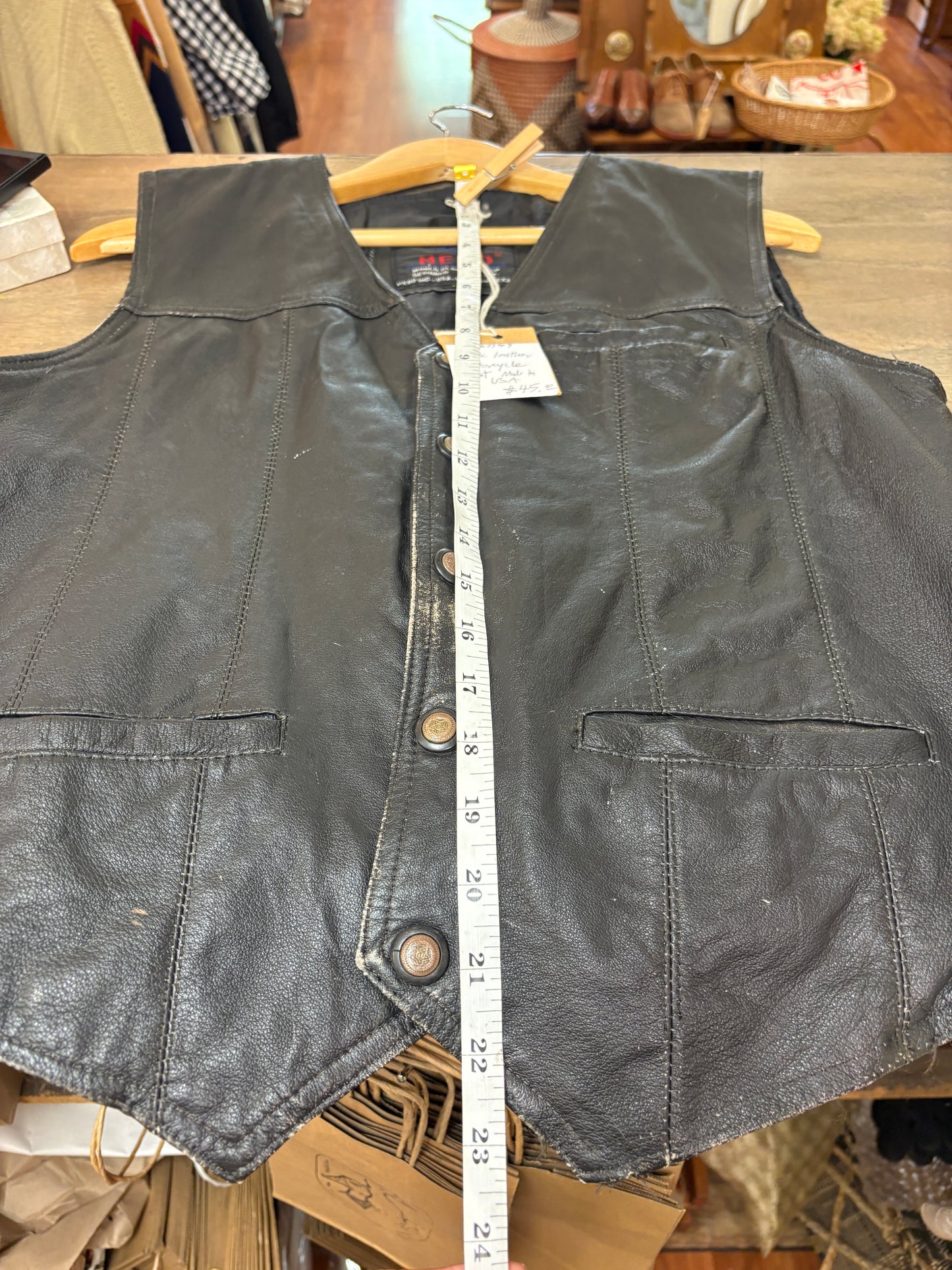 Mebo Leather Motorcycle Vest Men’s SZ L Black Biker Leather Vest