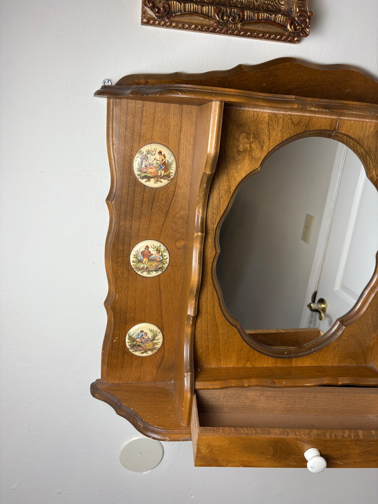 Rare Antique Wooden Apothecary Medicine Vanity Cabinet Oval Mirror