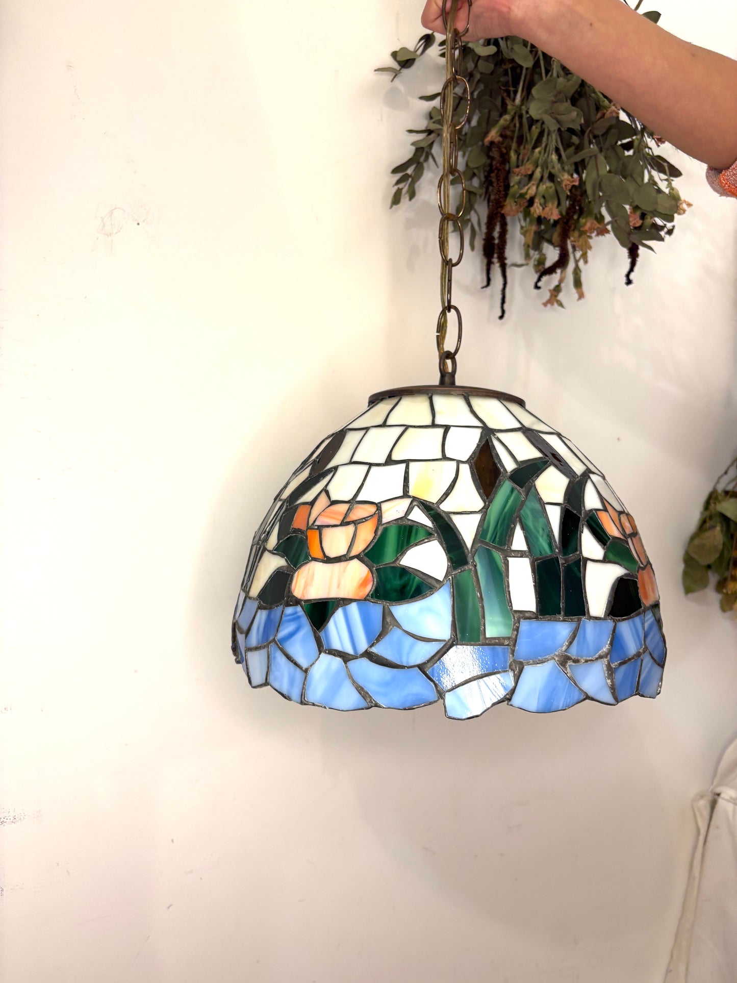 Vintage Tiffany Style Slag Stained Glass Swag Hanging Light Lamp Plug In 12”
