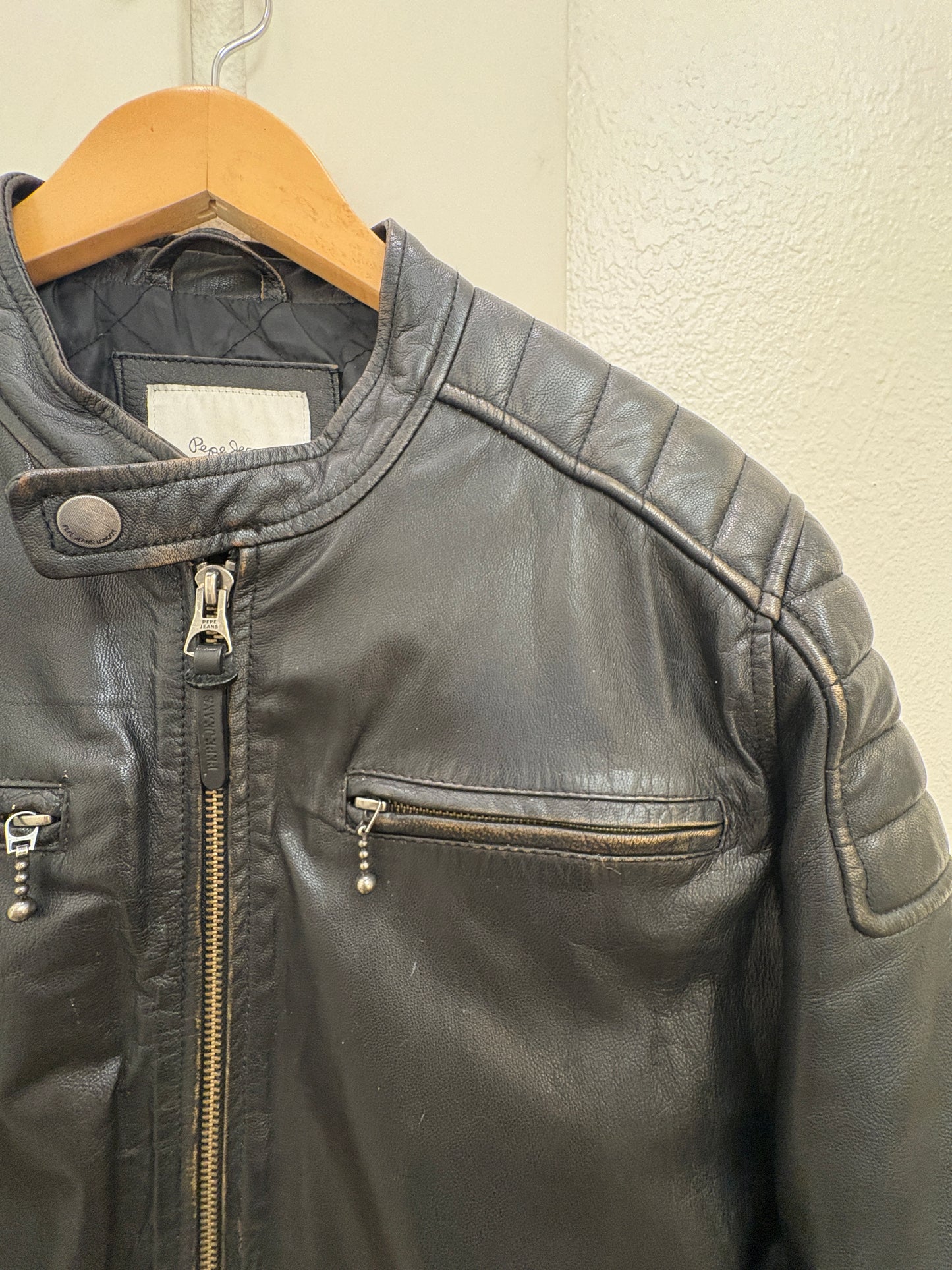 Pepe Jeans Vintage Leather Jacket Men’s XL Black Leather Biker Jacket