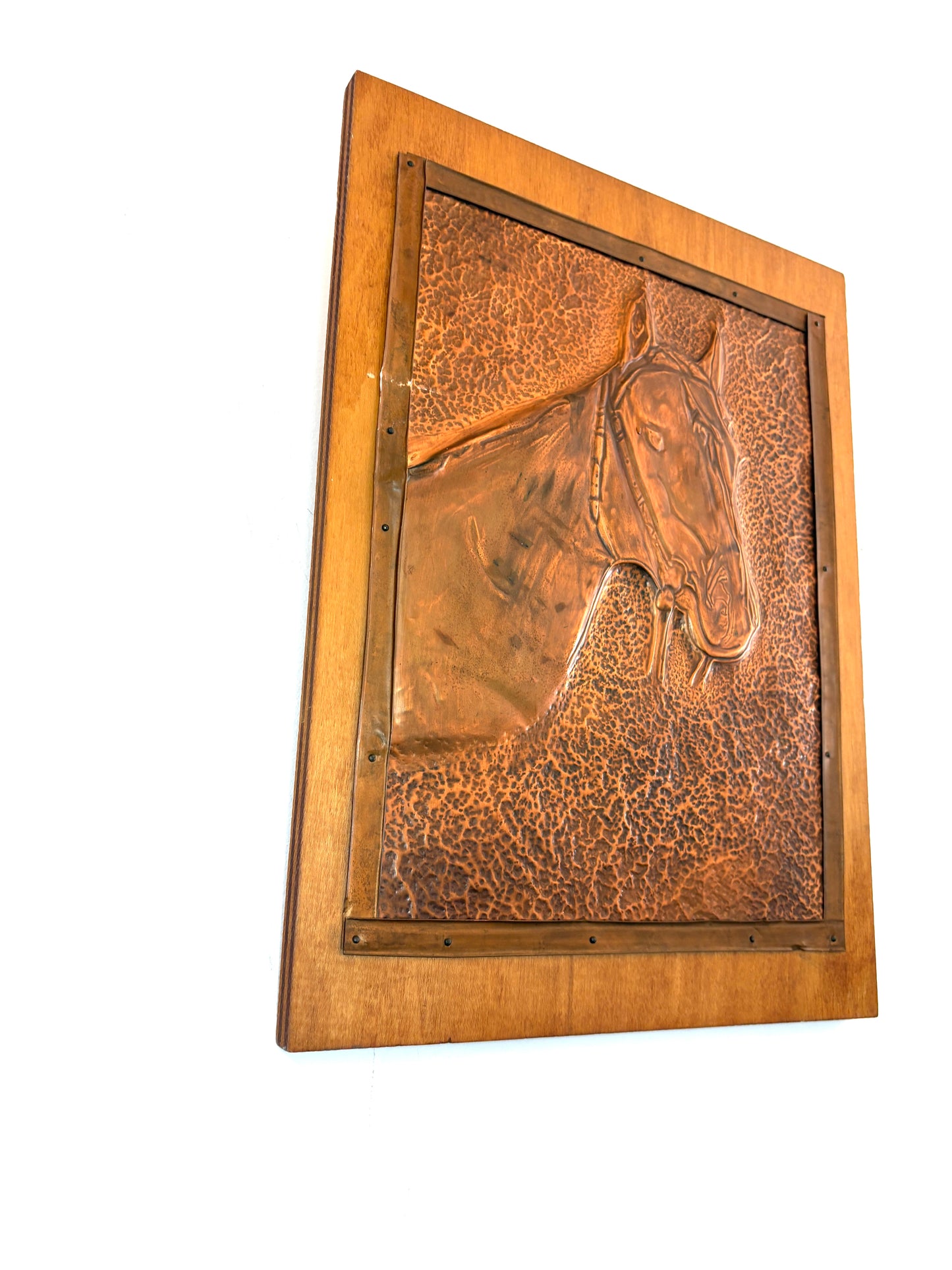 Horse Copper Embossed Art Work Folk Brass Color With Wood Frame