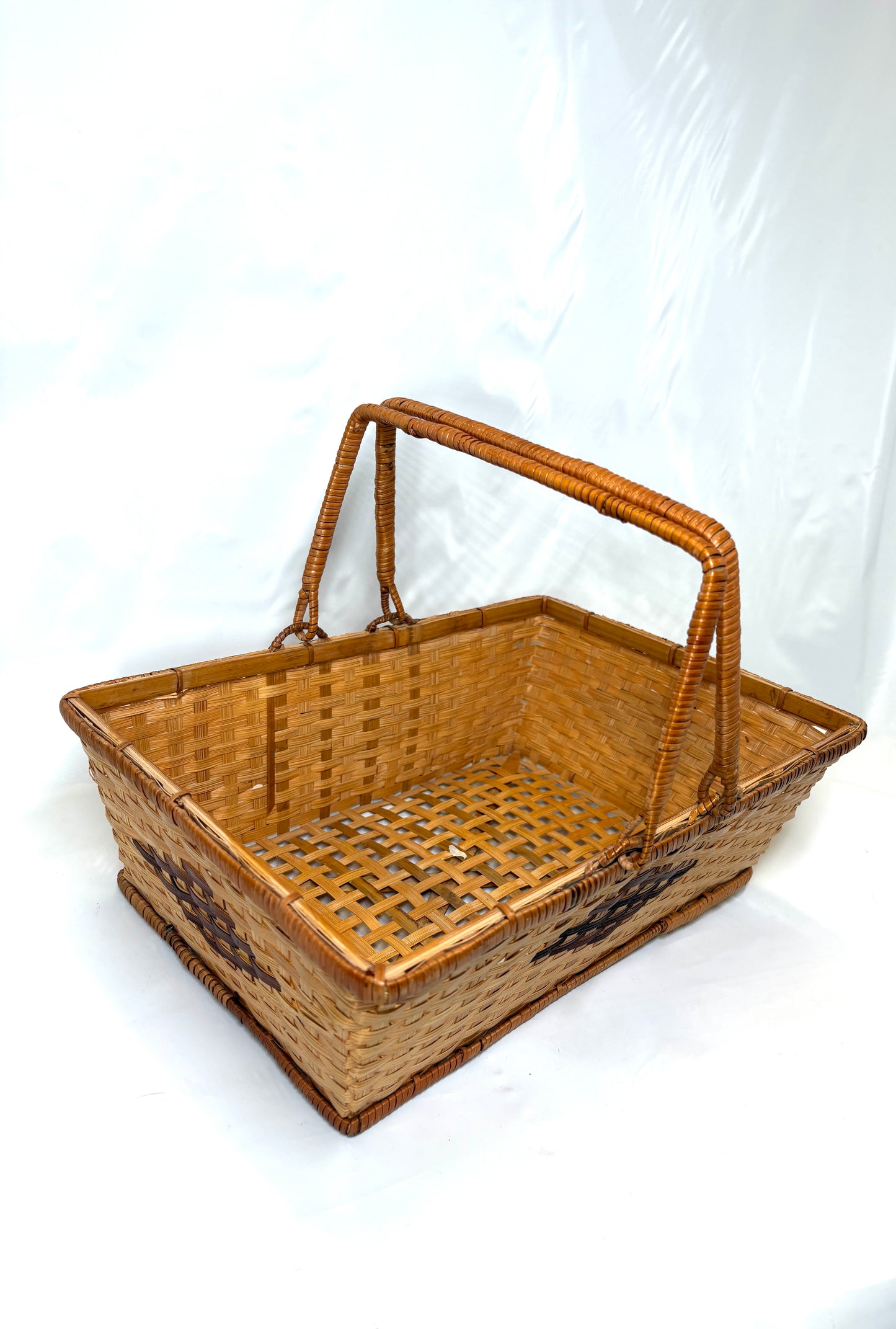 Vintage Bamboo Basket With Handles / Geometric Design