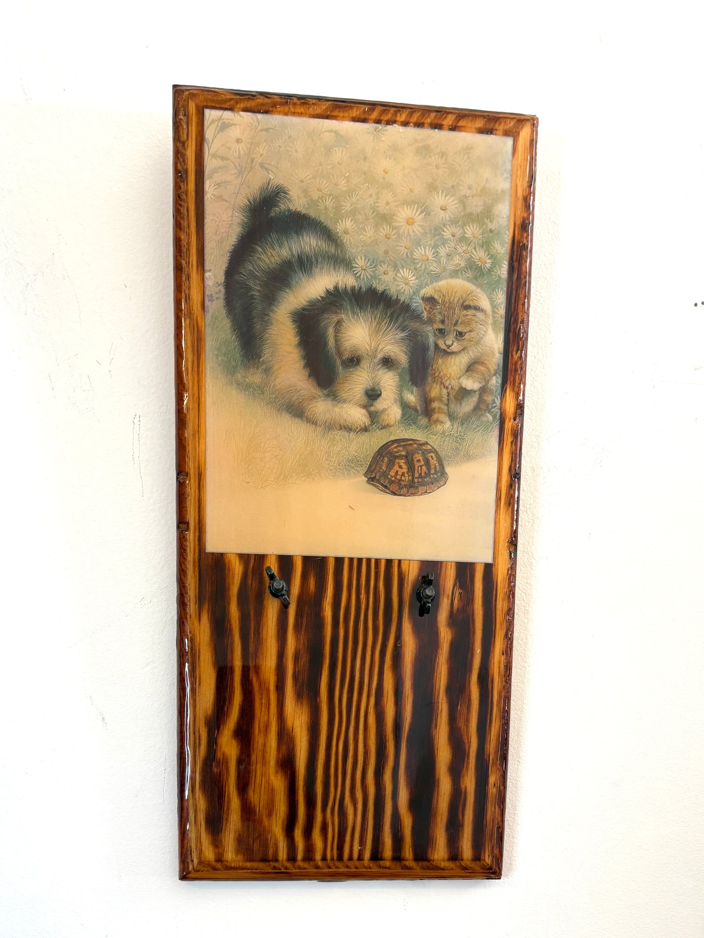 Antique Animal Portrait Painting Dog & Cat Scene Wood Framed 15”x7.5”