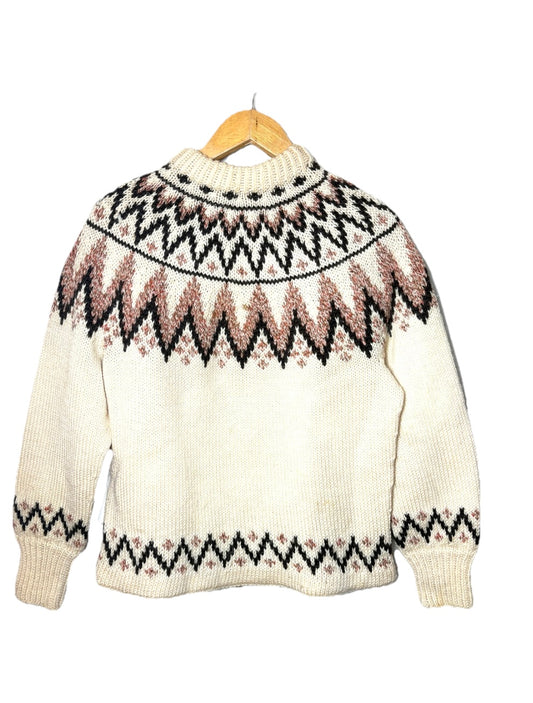 VTG Pure Iceland Hand Knit Wool Lopapeysa Icelandic Nordic Pink White Size S/M