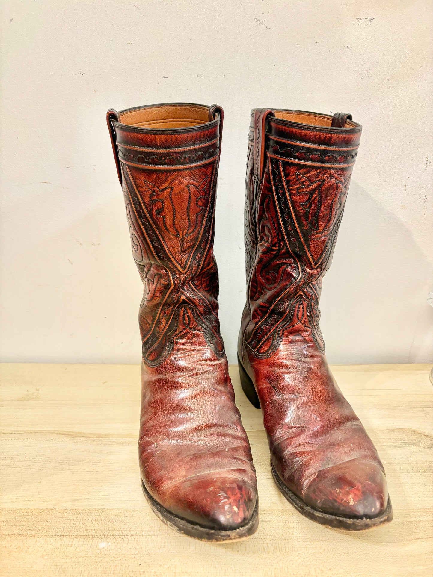Vintage Lucchese San Antonio Cowboy Boots Black Cherry 13C Western Leather