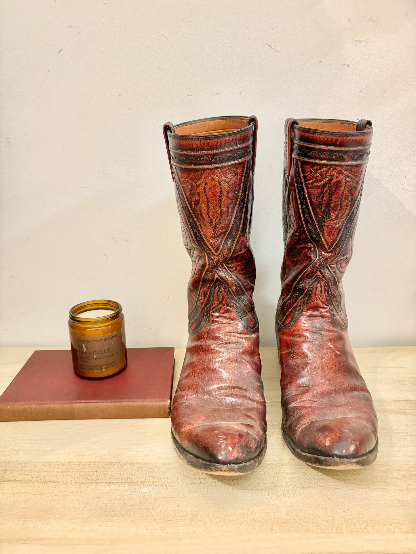 Vintage Lucchese San Antonio Cowboy Boots Black Cherry 13C Western Leather