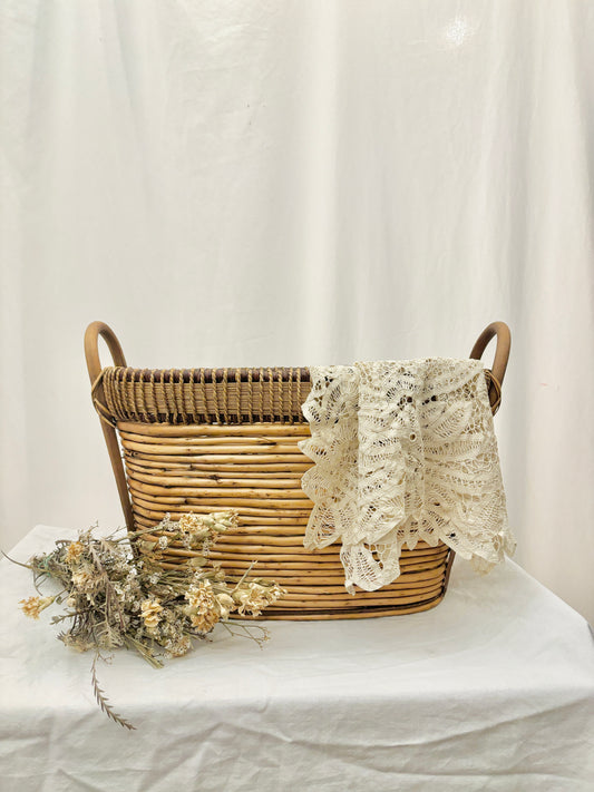 Vintage Handwoven Rattan Basket with Handles