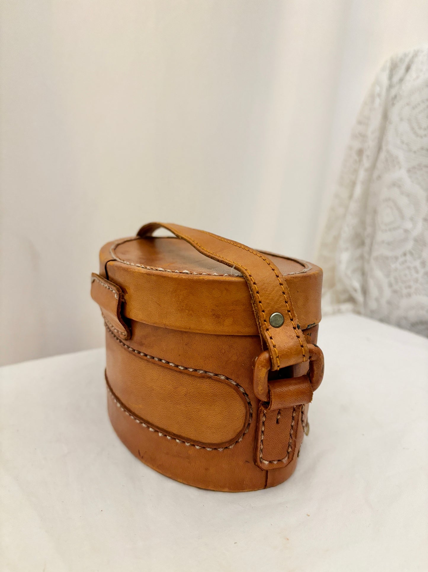 Vintage brown leather oval box purse