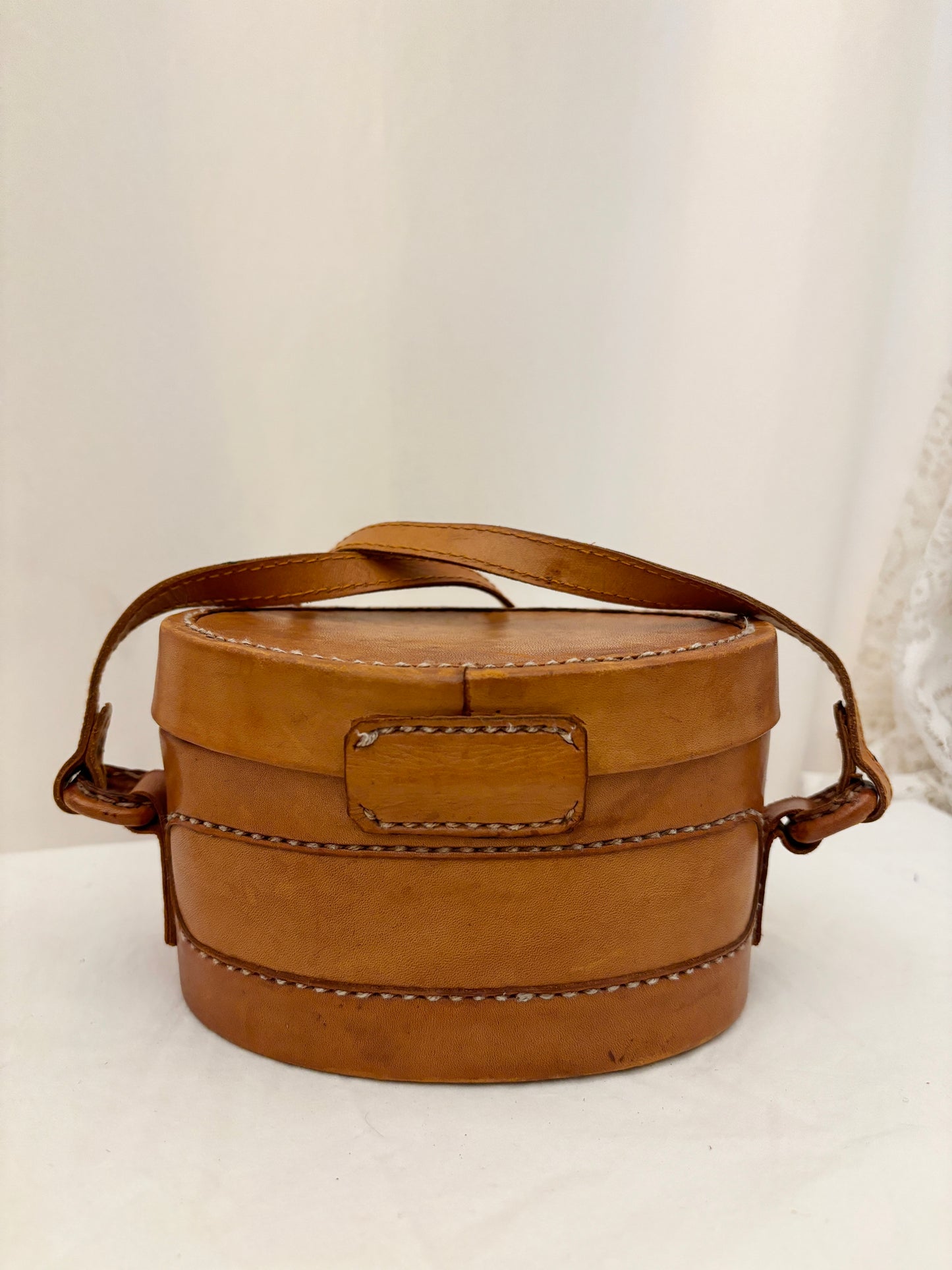 Vintage brown leather oval box purse