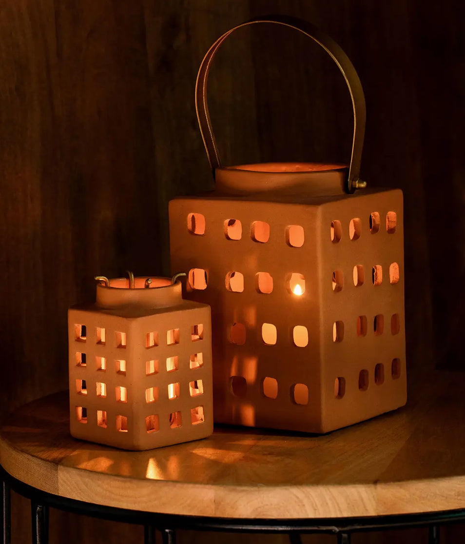 Lupa Terracotta Square Lantern with Metal Handle - Large