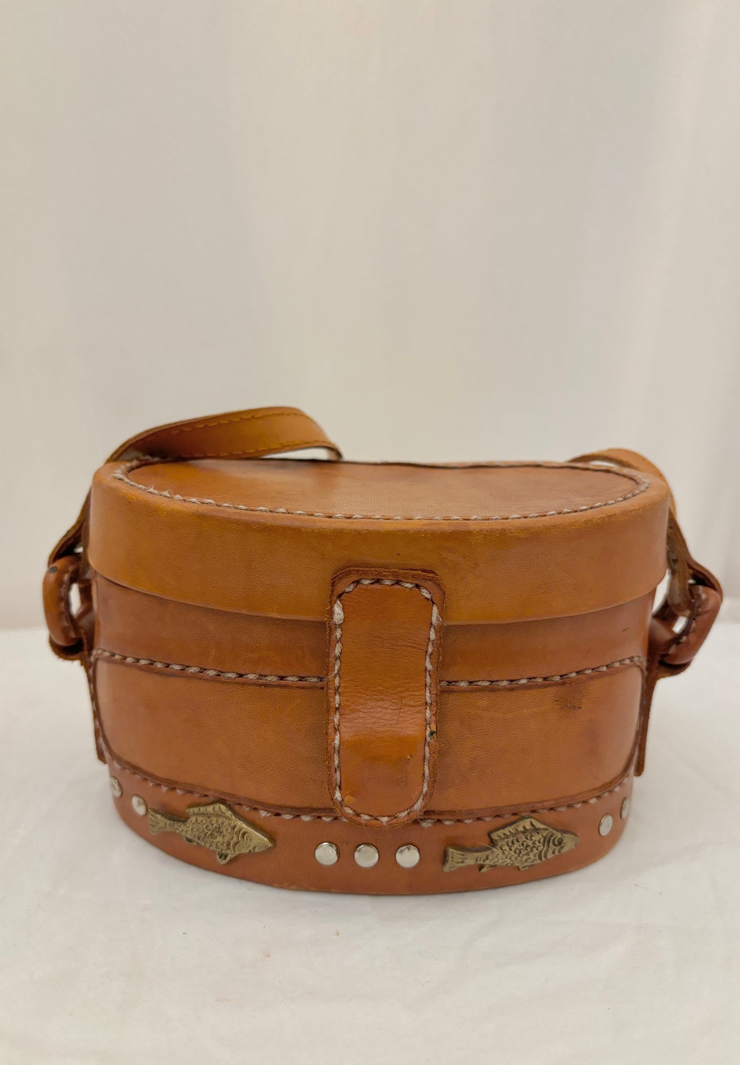Vintage brown leather oval box purse