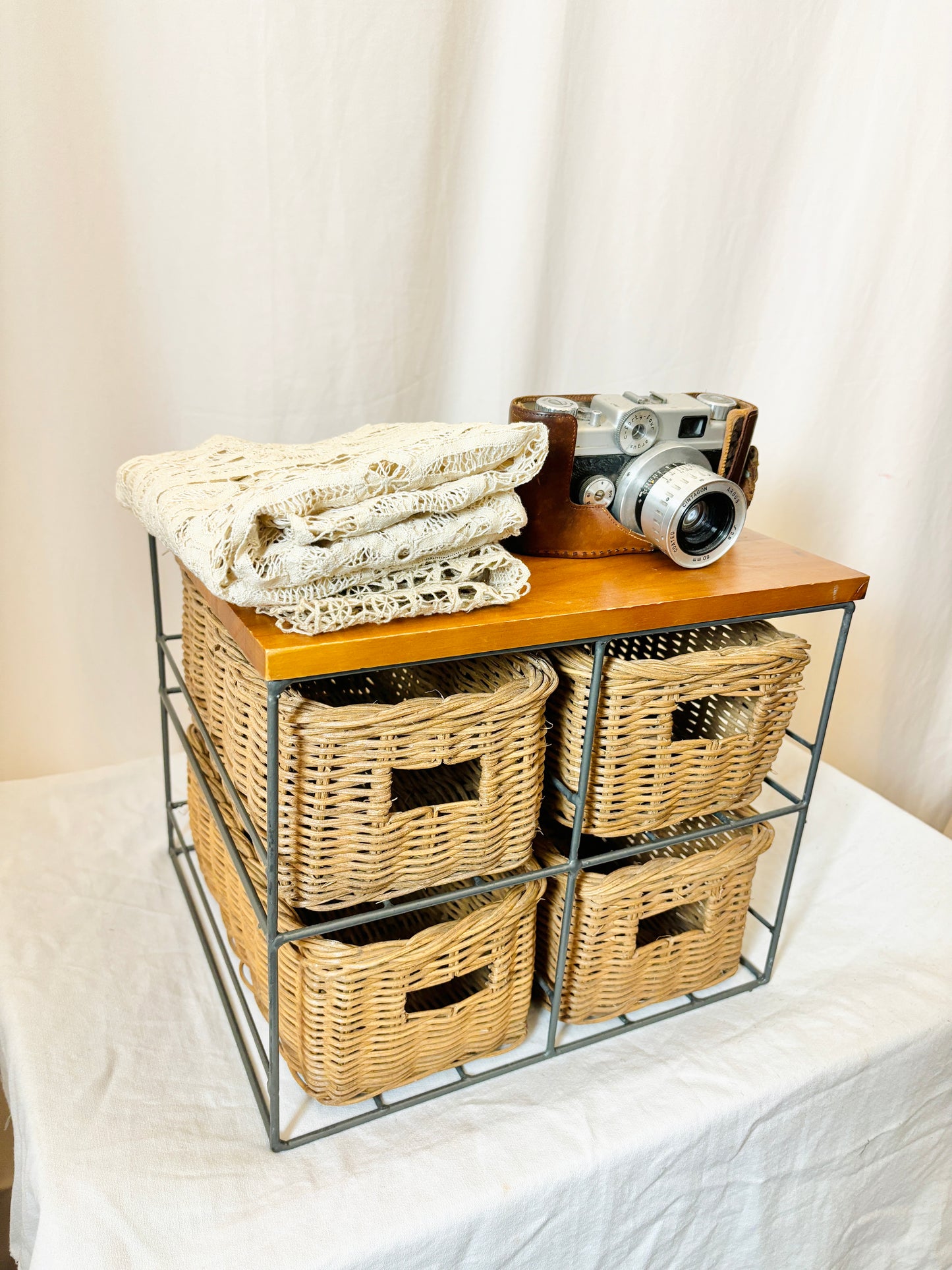 Rustic Storage Unit with 4 Wicker Baskets