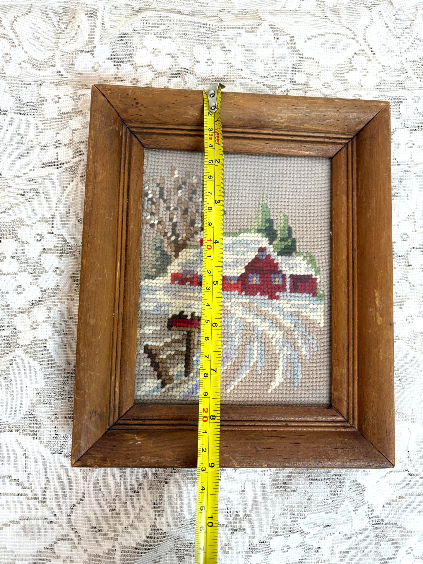 Needlepoint art Cottage house with vintage wooden frame
